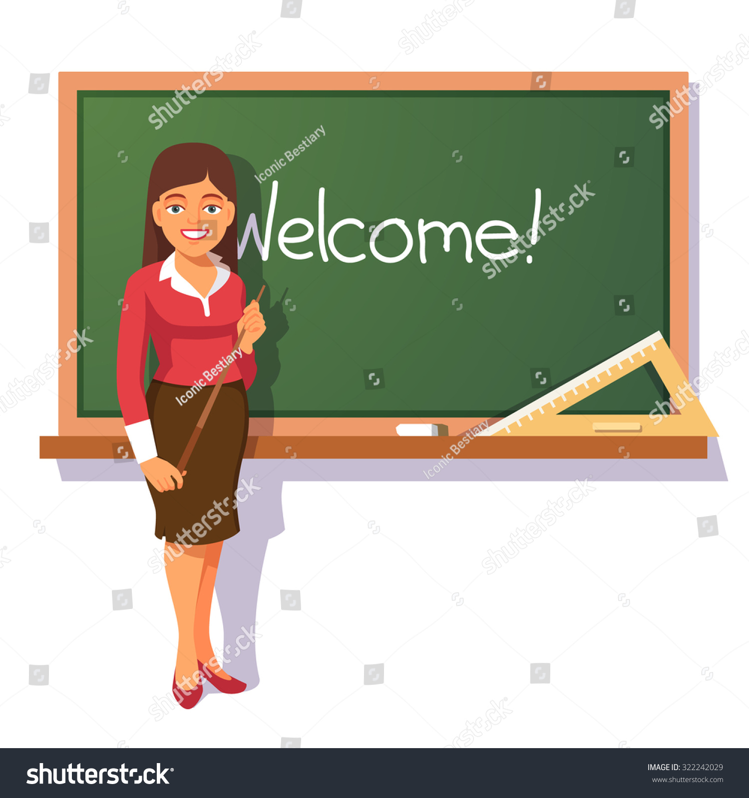 stock vector smiling teacher with wooden pointer standing in front of green chalkboard and welcoming students 322242029