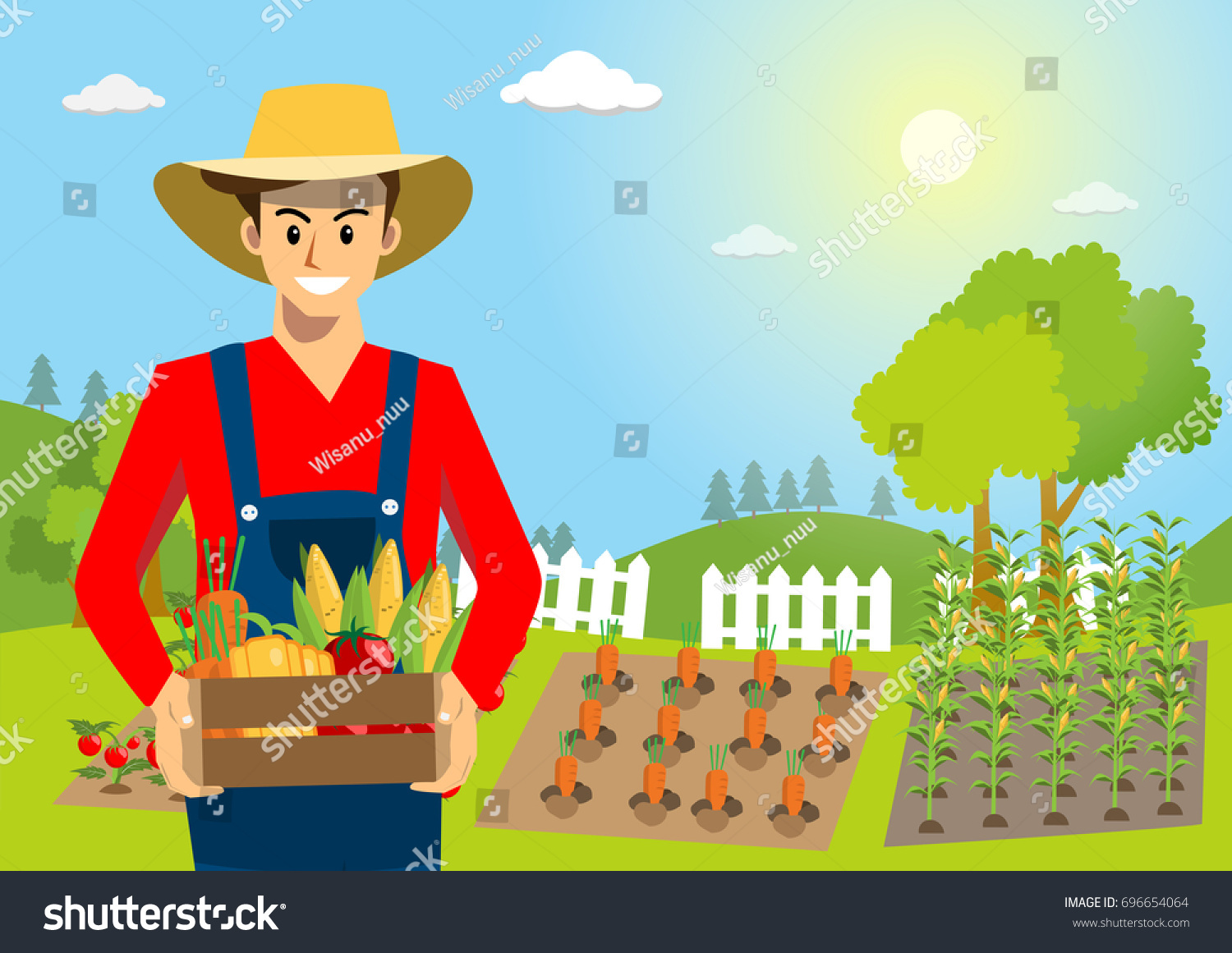 Smiling Young Farmer Holding Box Organic Stock Vector 696654064 ...