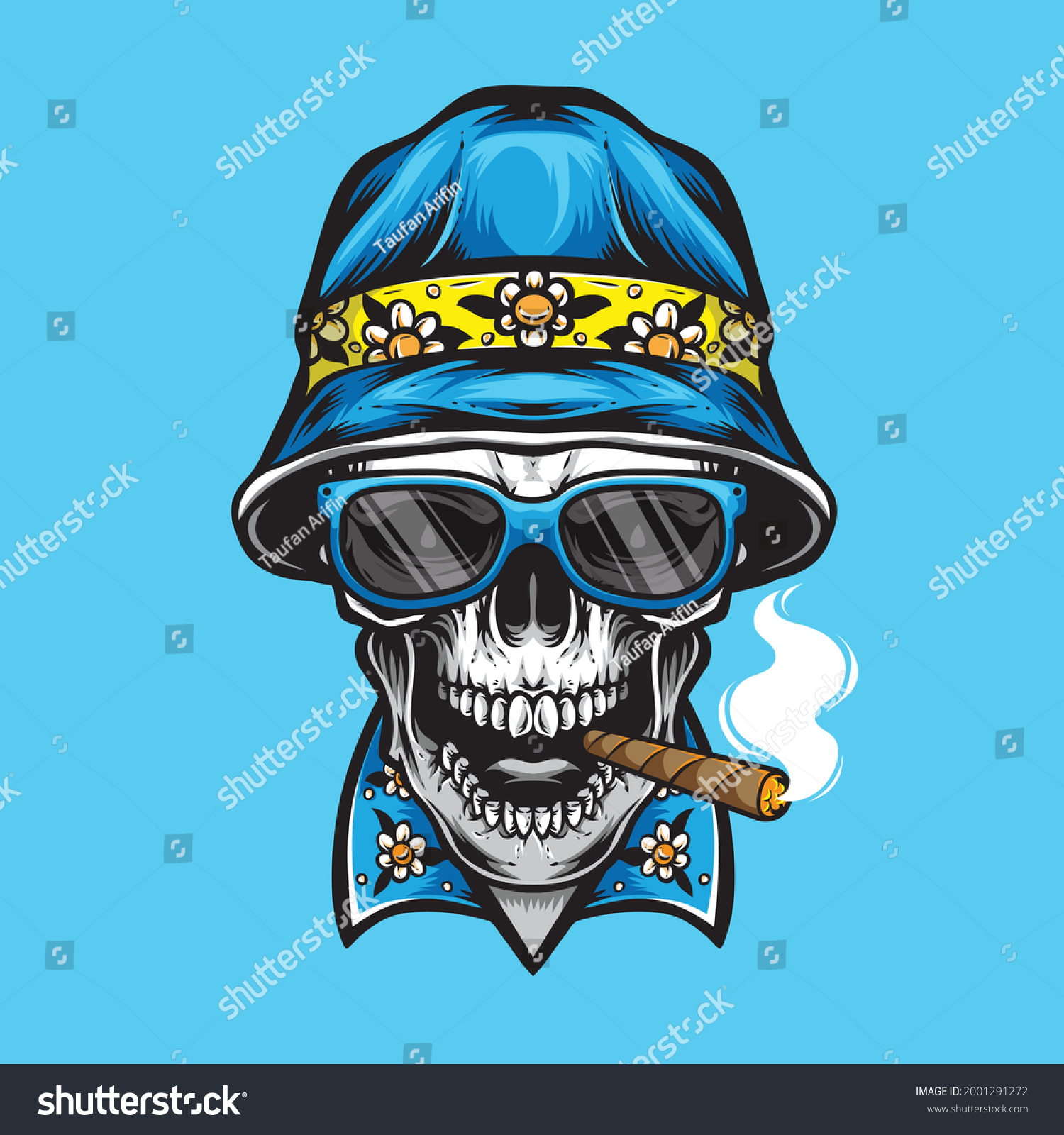 Smoking Skull Wearing Bucket Hat Vector 