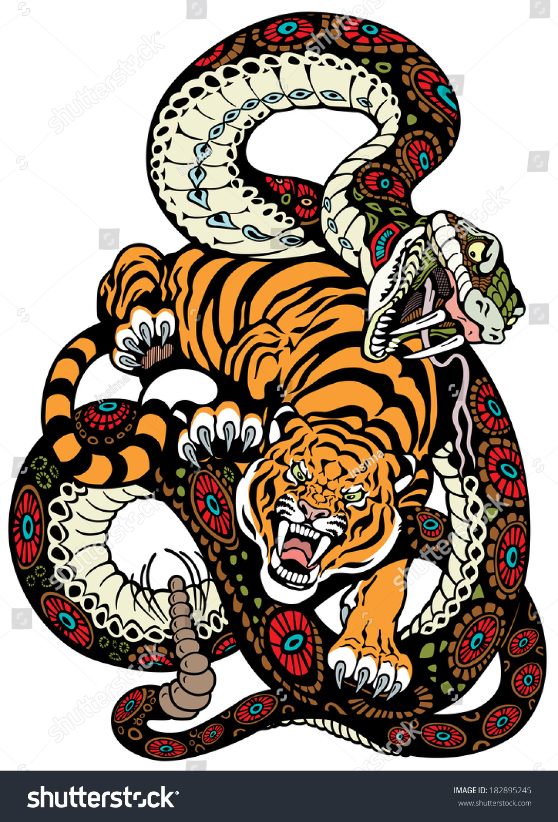 Snake Tiger Fighting Tattoo Illustration Stock Vector (Royalty Free ...