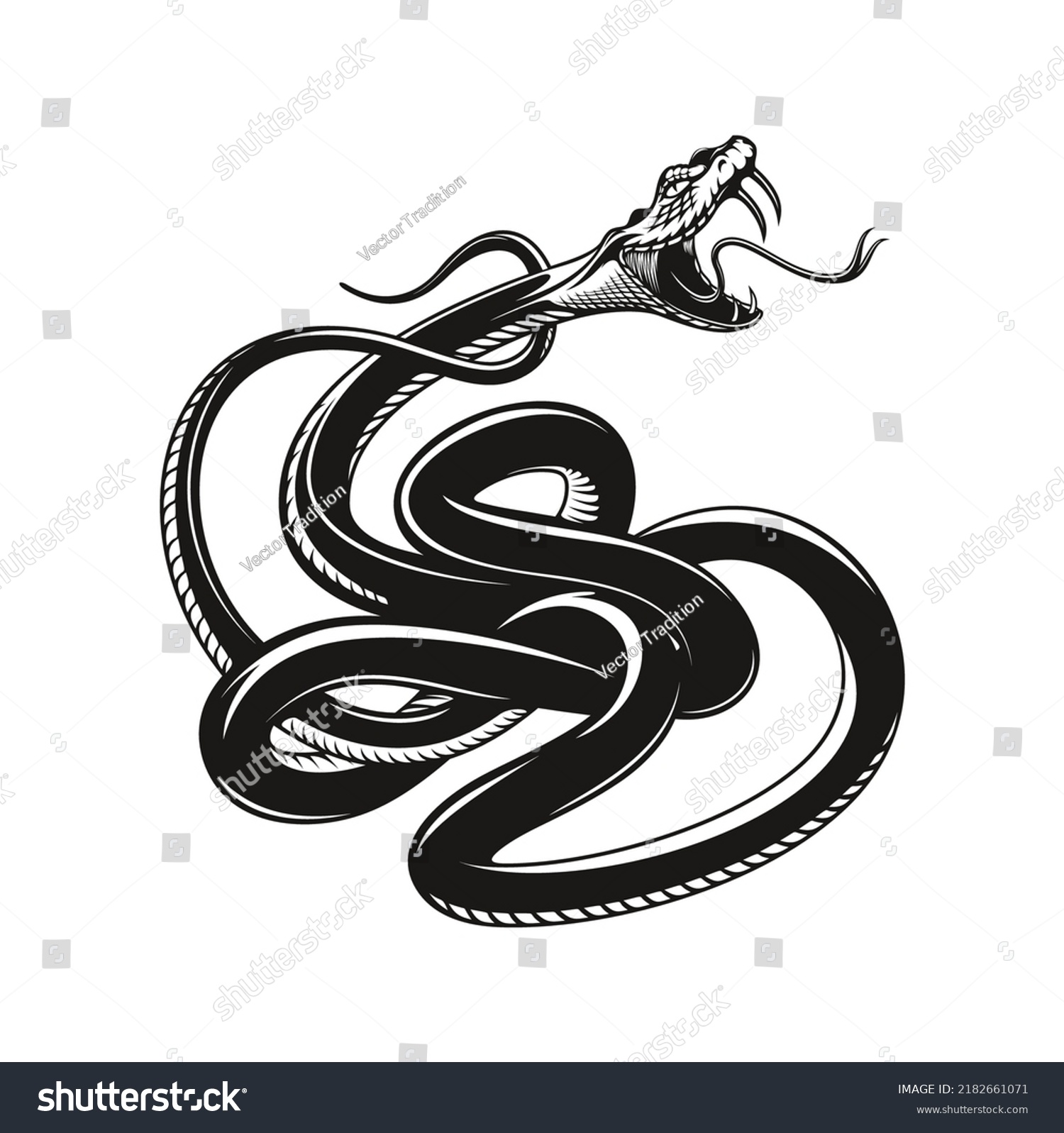 SVG of Snake tattoo, angry viper, vector aggressive serpent or python. Angry snake with fangs and tongue attack for bite, black viper serpent for bikers or rockers club tattoo, mascot svg