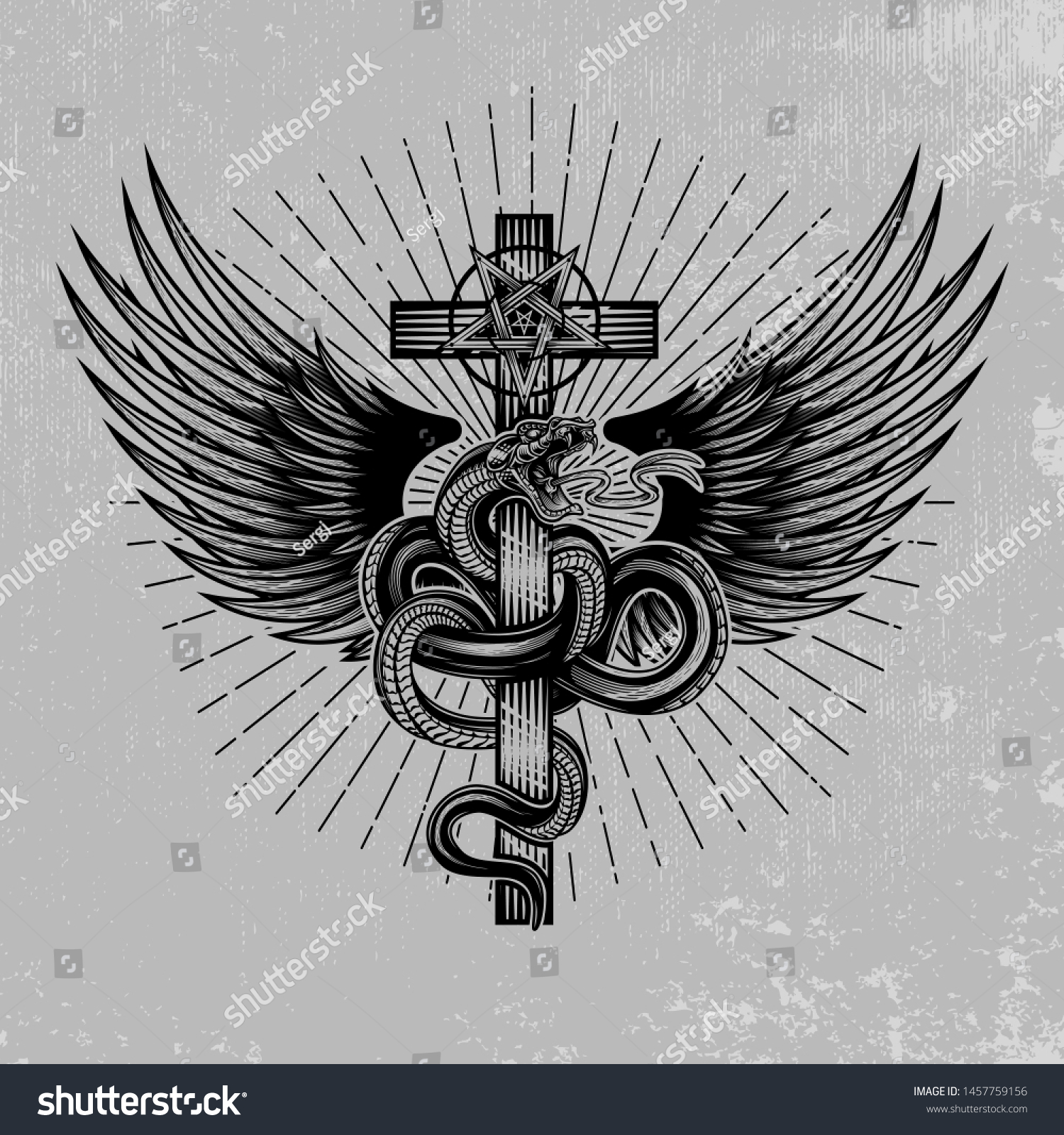 ペンタグラムを使って十字架に羽を巻いた蛇 グランジ背景に星線を使用した彫刻技術の手描きのベクトルイラスト 古代オカルトの悪魔のシンボル のベクター画像素材 ロイヤリティフリー
