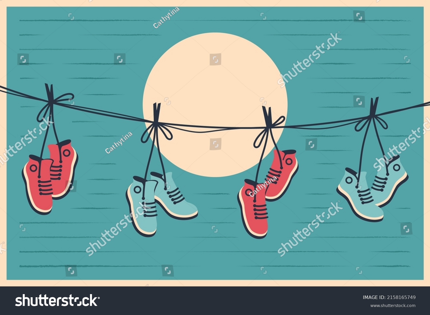 SVG of Sneakers hanging in retro style. Pair of shoes with tied laces dangling on a string. Vector flat illustration for banner, poster, cover art svg