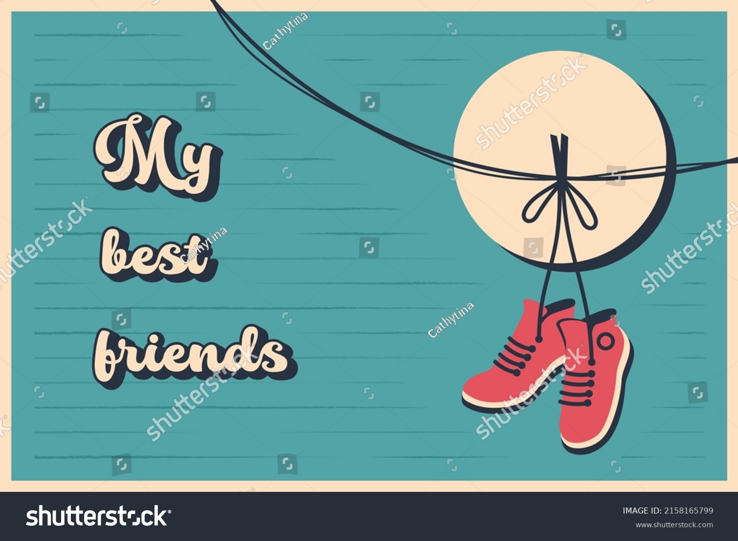 SVG of Sneakers hanging in retro style. Pair of shoes with tied laces dangling on a string. Vector flat illustration with lettering for banner, poster, cover art svg