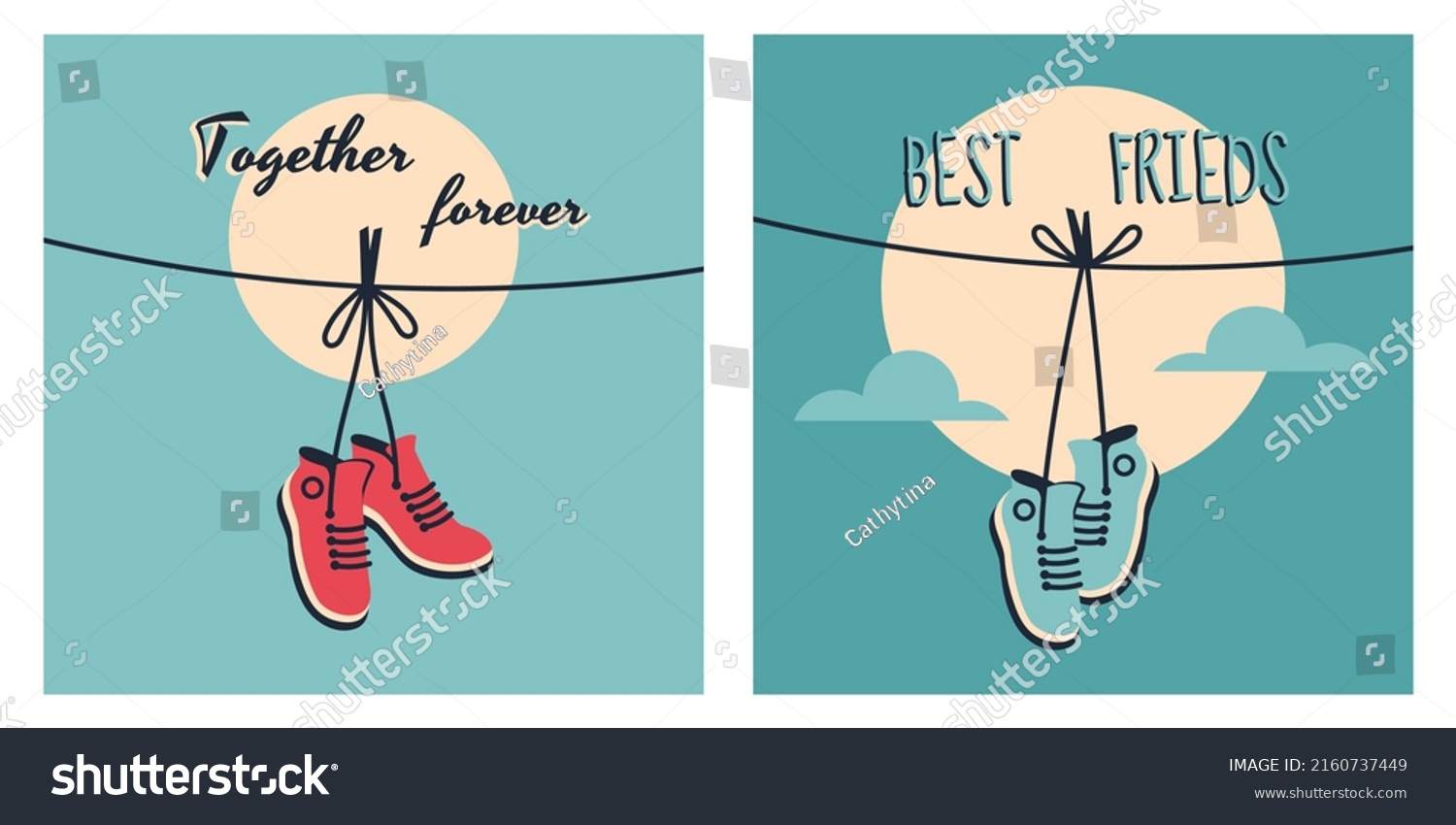 SVG of Sneakers hanging in retro style. Pair of shoes with tied laces dangling on a string. Vector flat illustration with lettering for banner, poster, cover art svg