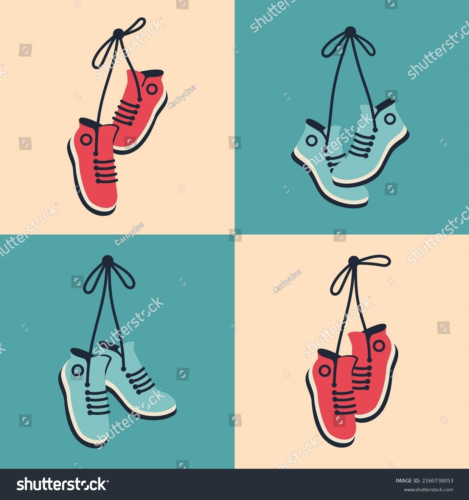 SVG of Sneakers hanging in retro style. Pair of shoes with tied laces dangling on a string. Vector flat illustration for banner, poster, cover art svg