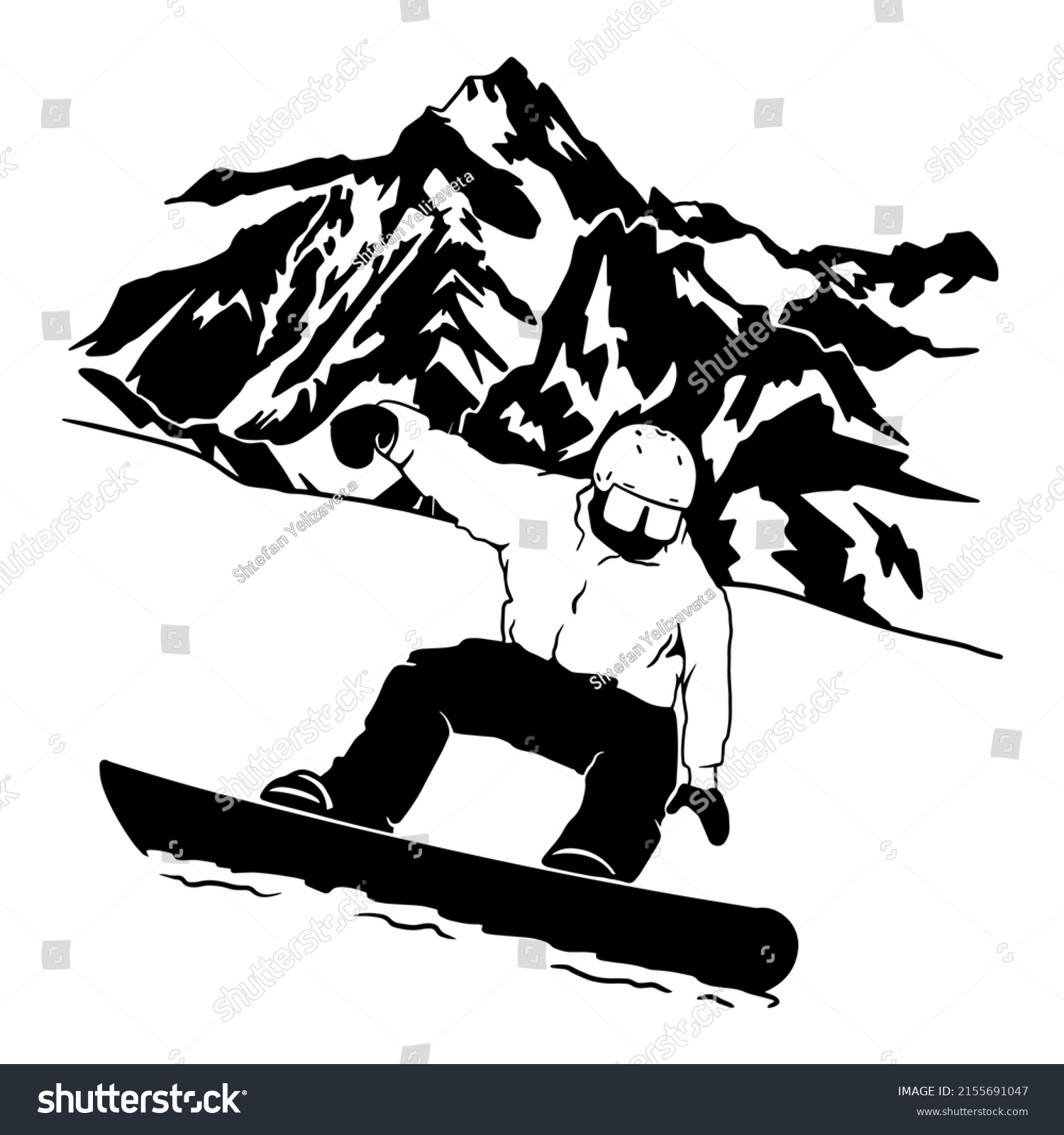 SVG of snowboarding vector illustration. Sports snowboarding. Mountain landscape. Snowboarder goggles. Vinyl cutting and printing file. svg
