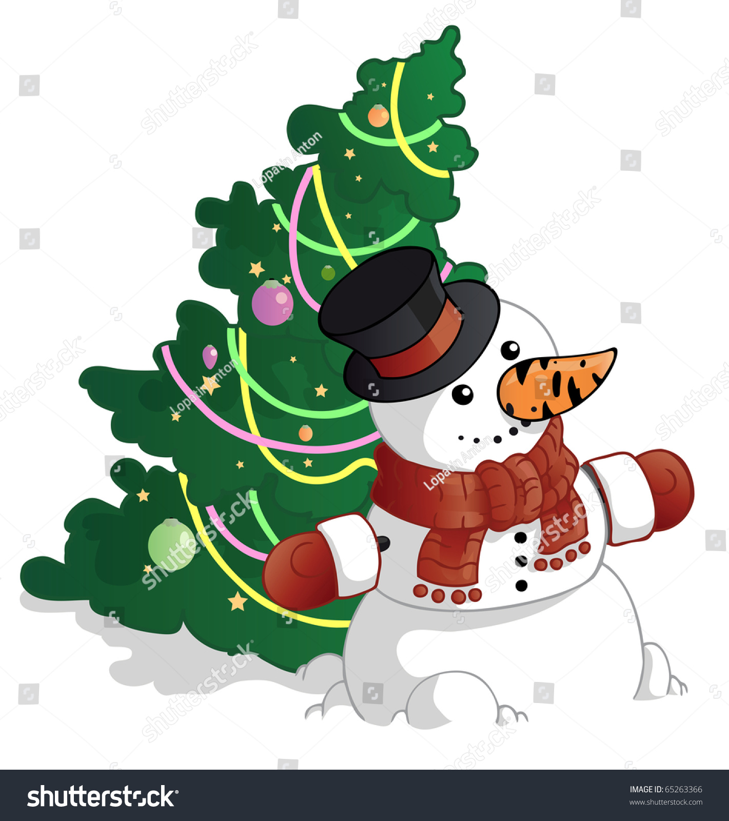 Snowman And The Christmas Tree Stock Vector Illustration 65263366 ...