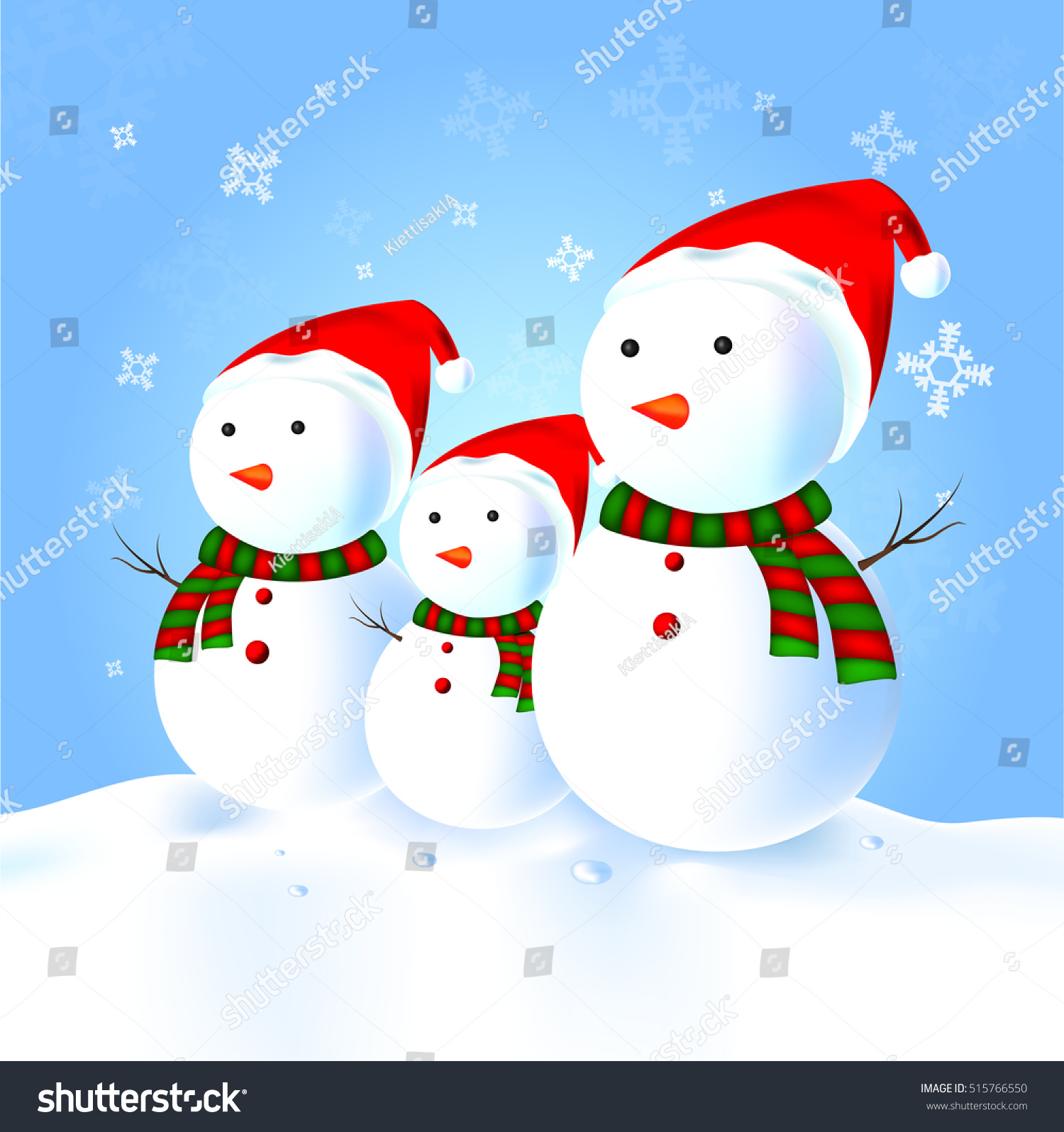 Download Snowman Family With Hat, Scarf, Snow Stock Vector Illustration 515766550 : Shutterstock