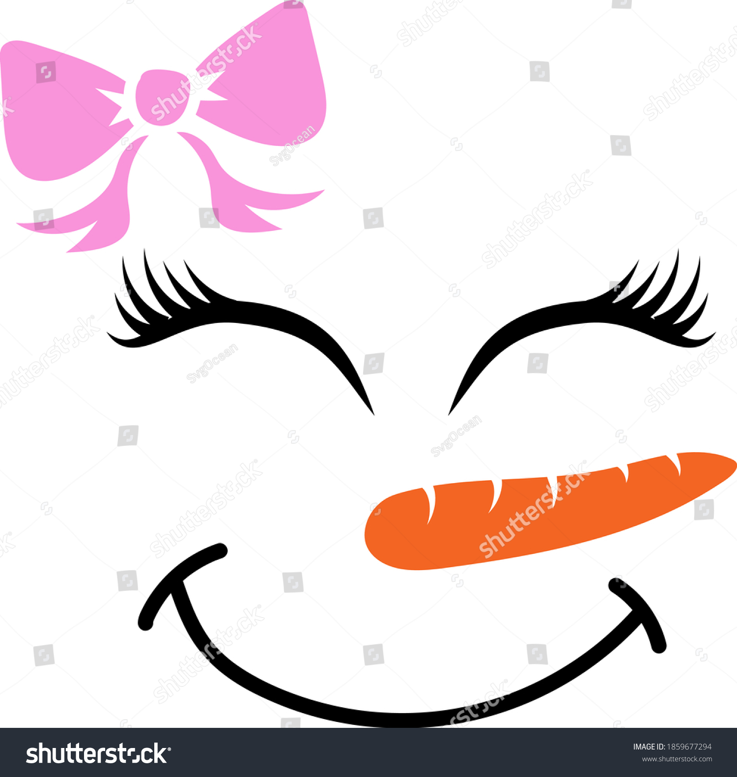 SVG of Snowman girl face icon. Cute snowman girl with bow big eyes, carrot nose svg