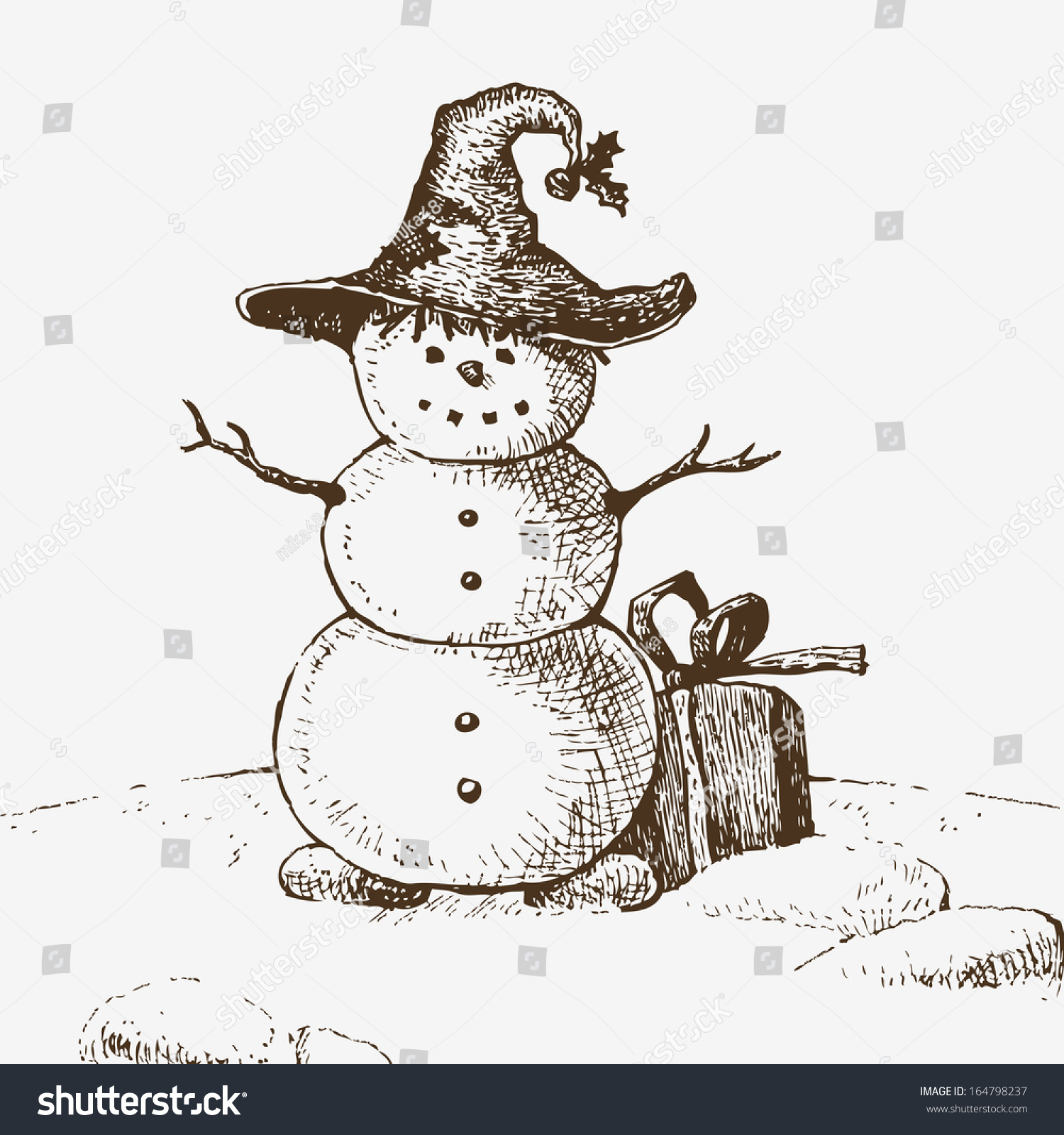 Snowman Hat Gift Sketch Drawing Stock Vector Royalty Free 164798237