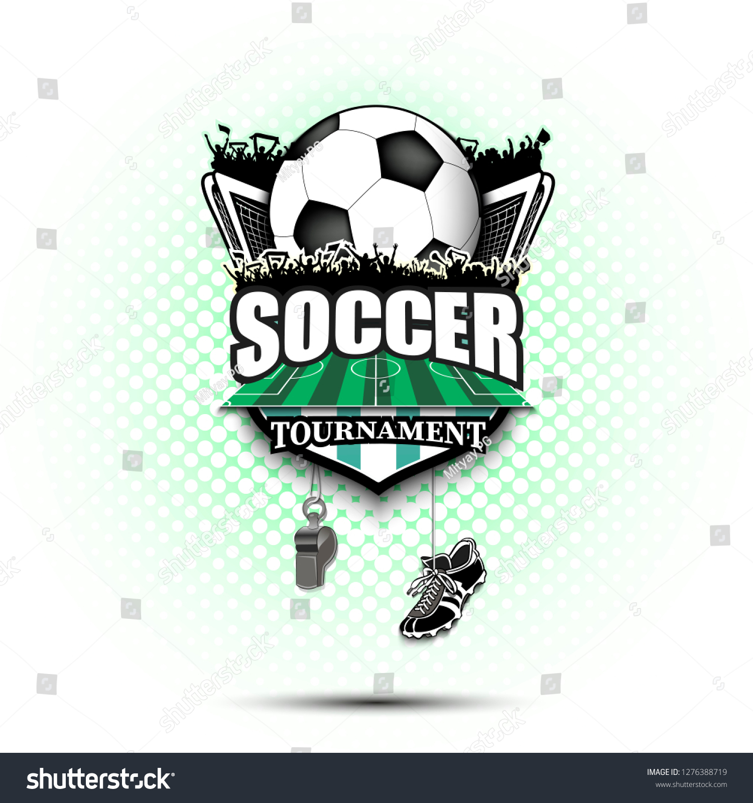 サッカーのロゴデザインテンプレート サッカーのエンブレム柄 サッカーボール ゲート ファン フィールド シールド ホイッスル サッカー のブーツの背景に泡 ベクターイラスト のベクター画像素材 ロイヤリティフリー