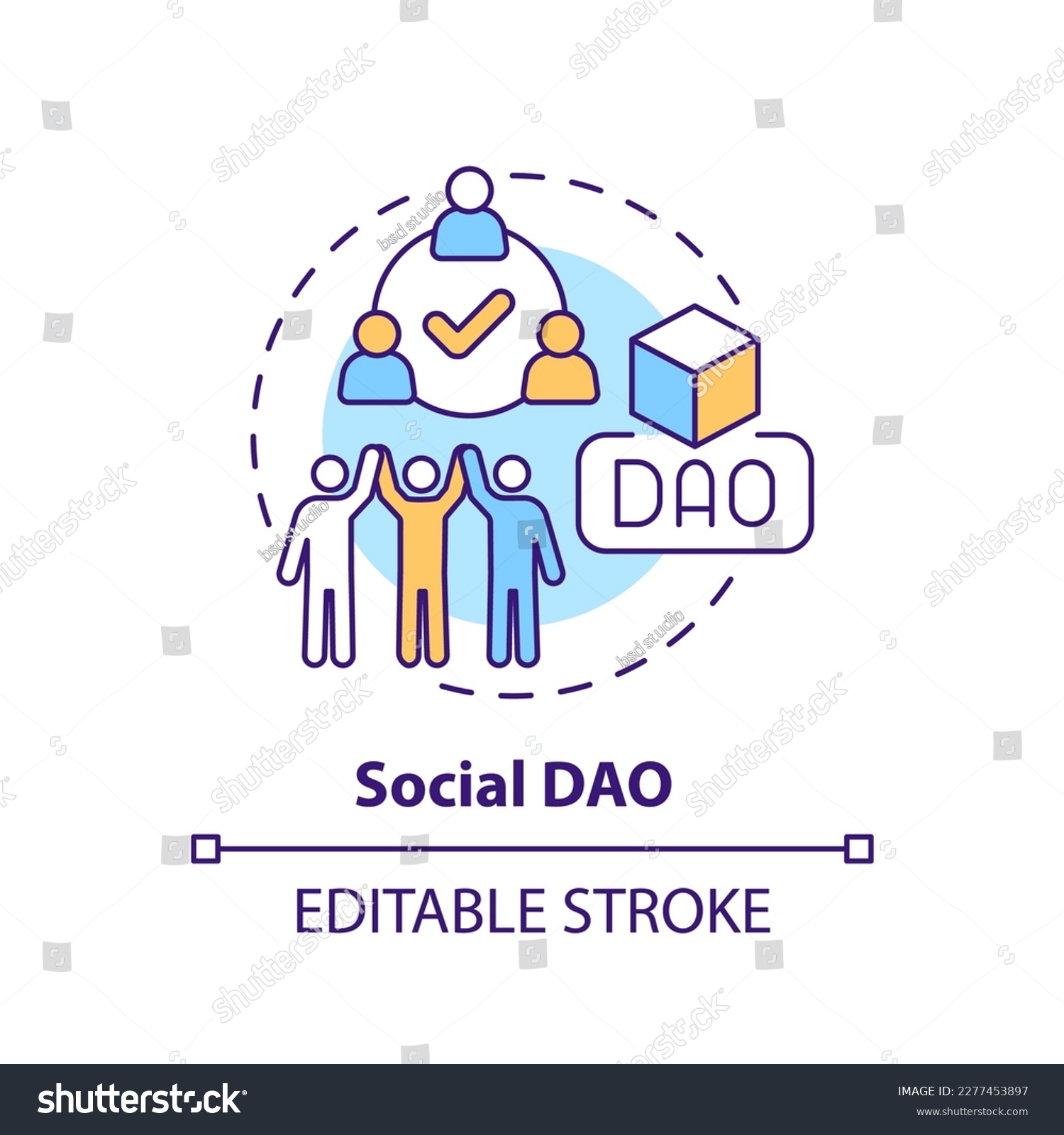 SVG of Social DAO concept icon. Community. Decentralized autonomous organizations type abstract idea thin line illustration. Isolated outline drawing. Editable stroke. Arial, Myriad Pro-Bold fonts used svg