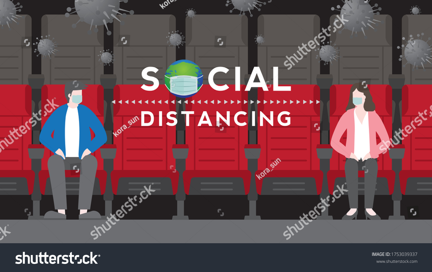 SVG of Social distancing and wearing mask after pandemic of covid-19 corona virus. New normal is stay apart and personal distance. Couple watching movie in theater separate sitting on seat. svg