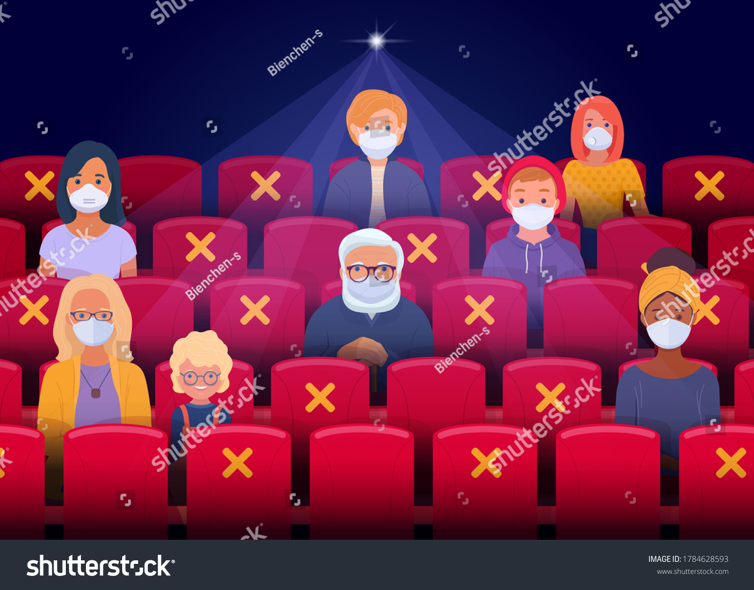 SVG of Social distancing in the cinema after the quarantine period.  Spectators wearing face masks sit as they keep a safe distance and watching movie in cinema hall. Vector illustration svg