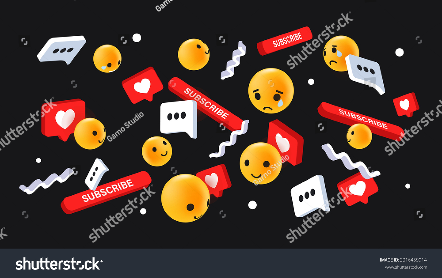 SVG of Social Media Emoji Reactions Concept. Flying Emoticons, Like, Emoji Faces, Hearts, Comment and Subscribe Button on Dark Background. Vector illustration svg
