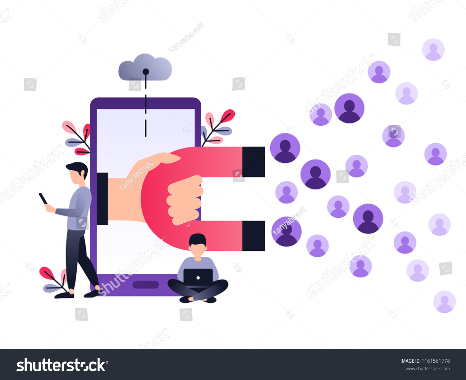SVG of Social media ultra violet concept vector illustration with magnet engaging followers and likes. Inbound marketing or customer retention strategy. Small people with laptop and smartphone. svg