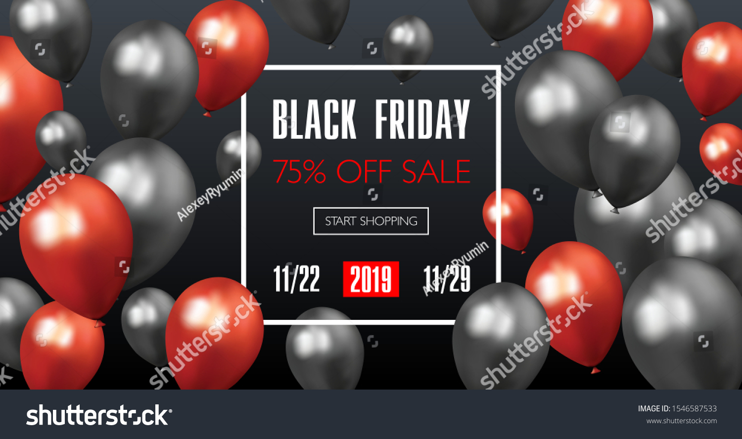 Social network post, website, banner or email marketing vector layout template with Black Friday Sale and Start Shopping lettering on black background with red and black ballons.
