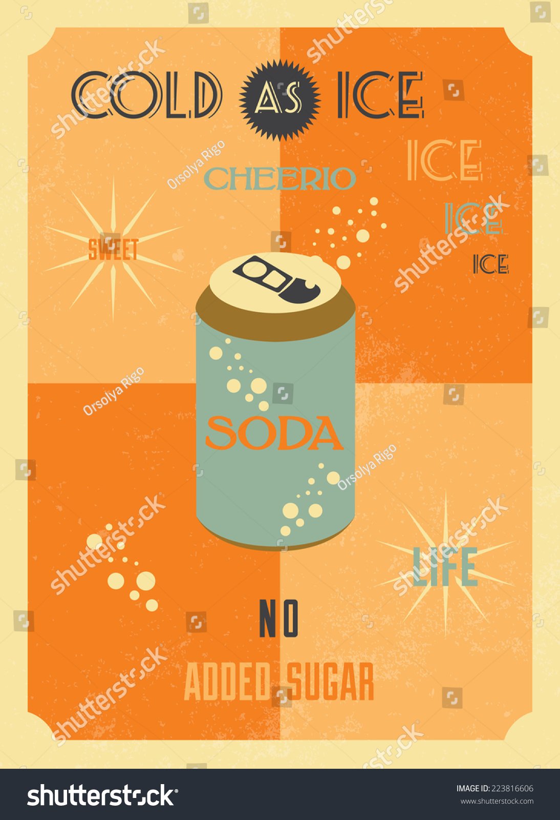 SVG of Soda vintage poster in flat design style / Soda poster with COLD AS ICE, CHEERIO, SWEET LIFE, NO ADDED SUGAR inscription / Typographic vector illustration svg