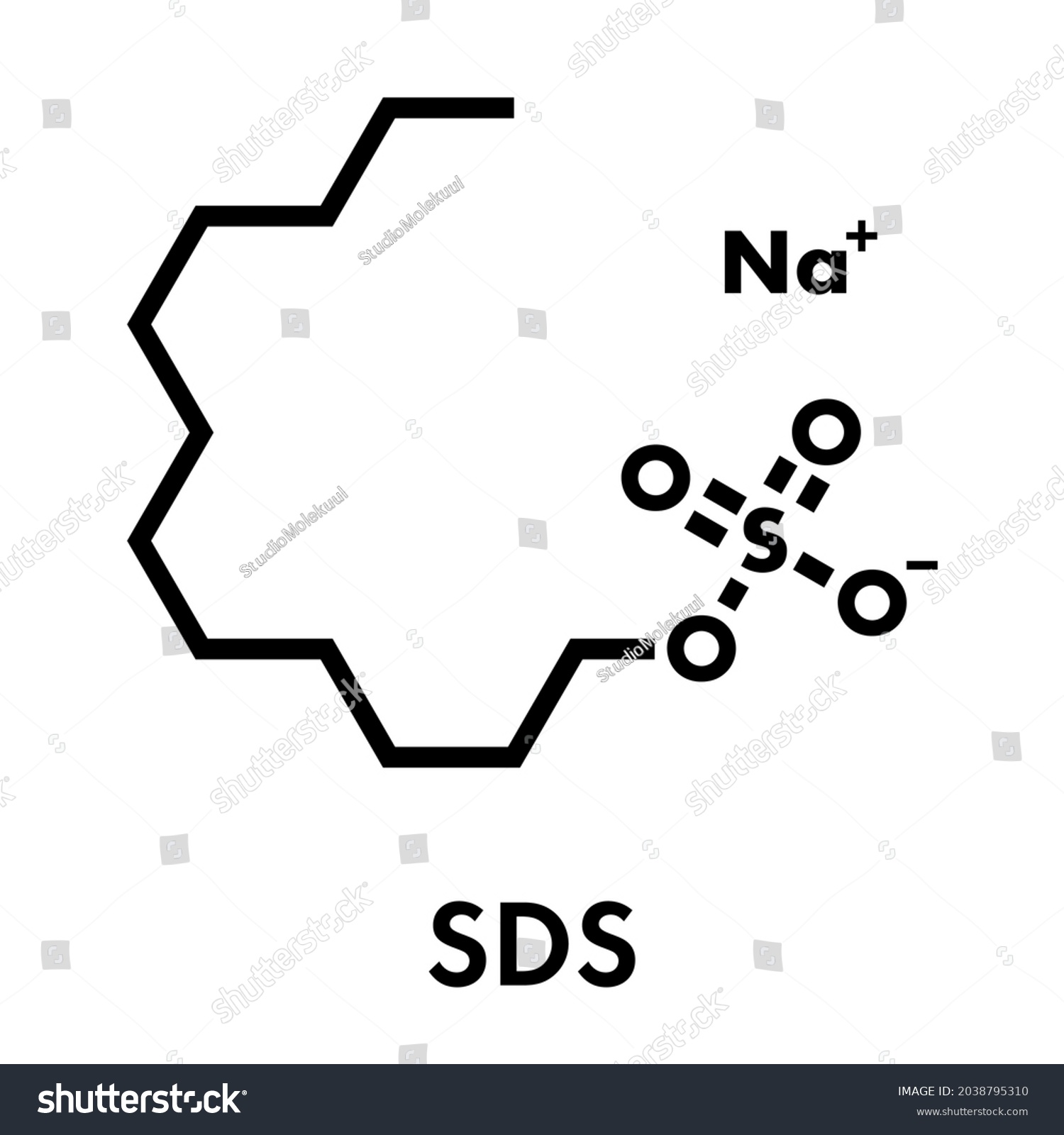 SVG of Sodium dodecyl sulfate (SDS, sodium lauryl sulfate) surfactant molecule. Commonly used in cleaning products. Skeletal formula. svg