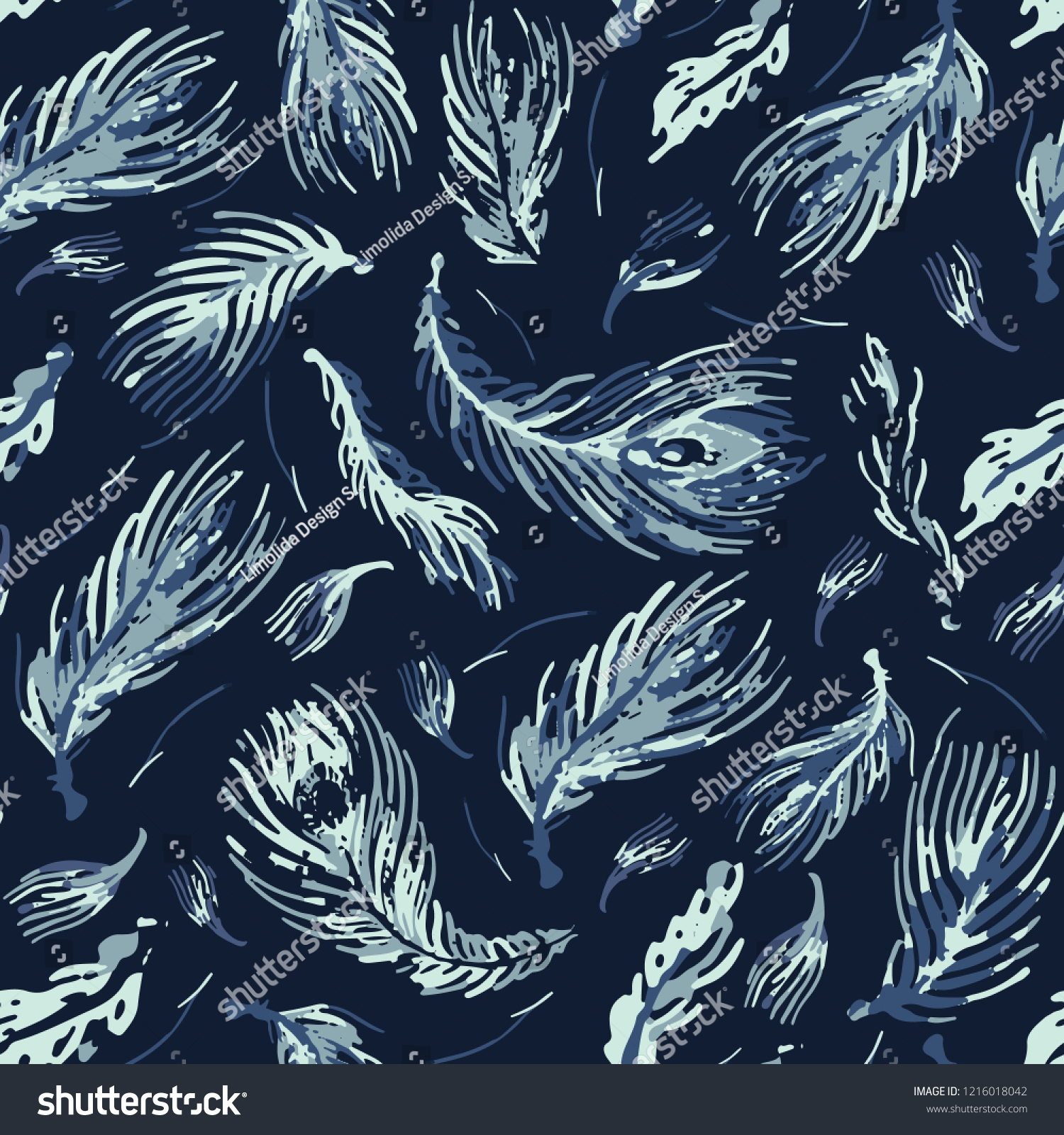 柔らかい孔雀の羽日本のシームレスなベクター画像パターン 染料絵の手描きの藍色の羽のようなテクスチャー クラシック日本デコール アジア風背景 エレガントな包装用ギフトラップ のベクター画像素材 ロイヤリティフリー