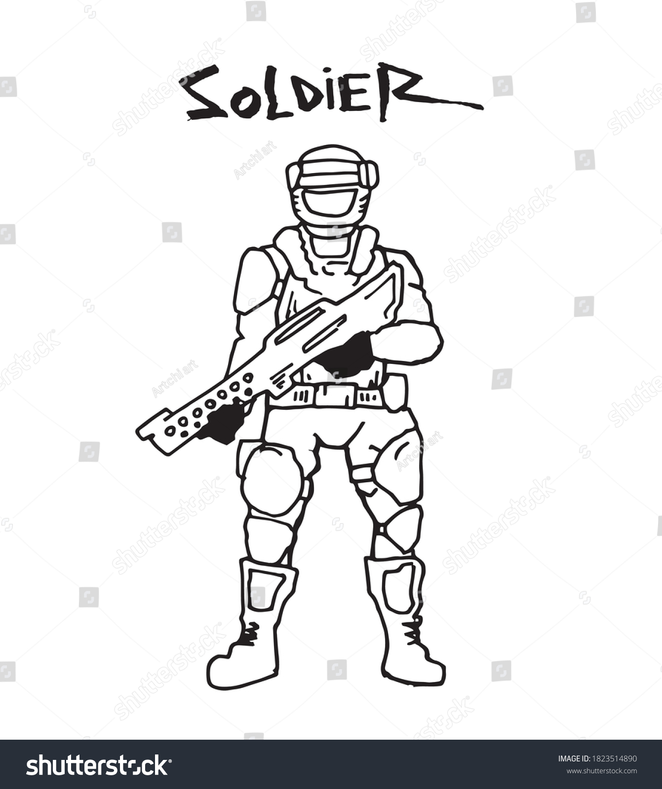 Soldier Standing Holding Big Gun Hand Stock Vector (Royalty Free ...