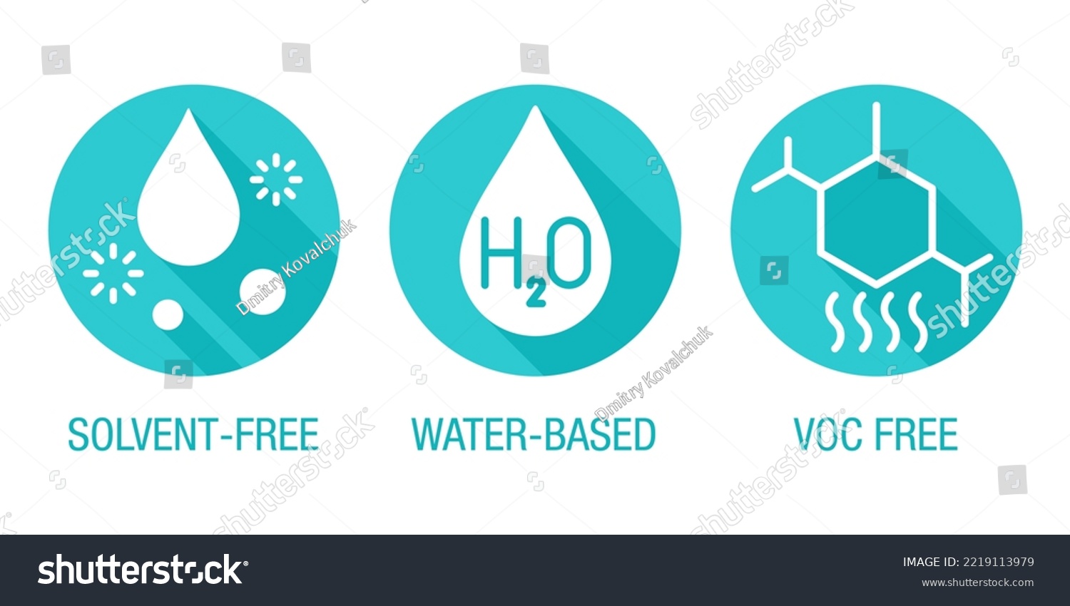 SVG of Solvent free, Water-based, VOC free - flat icons set with long shadows for labeling of cleaning agent or household chemicals svg