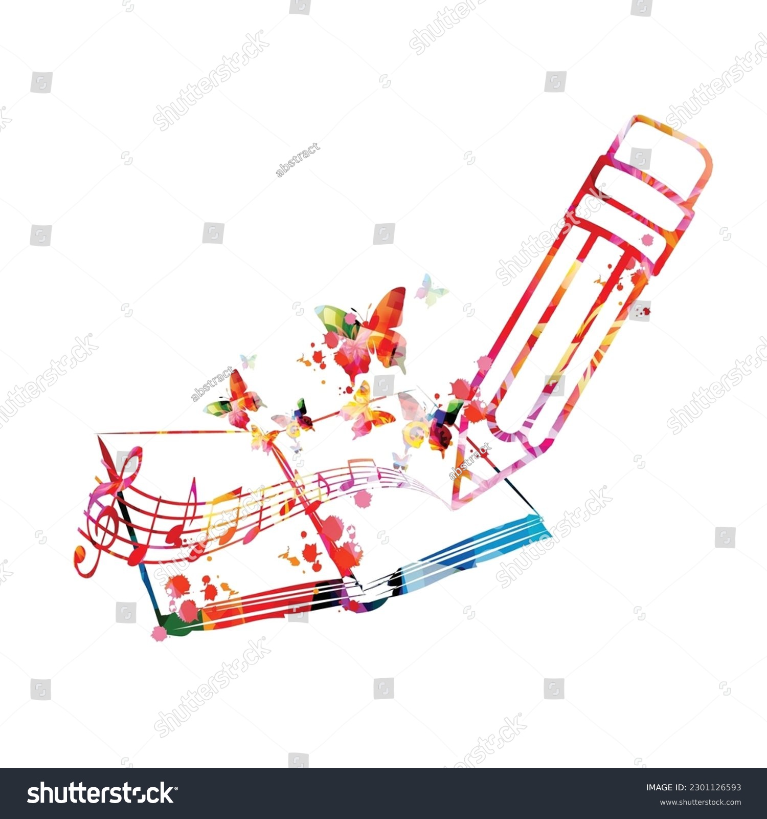 SVG of Songwriting book, writing a hit song techniques, creating music. Vector illustration of pencil, book and musical notes staff isolated. Composing song design. Background for conservatory or art school svg