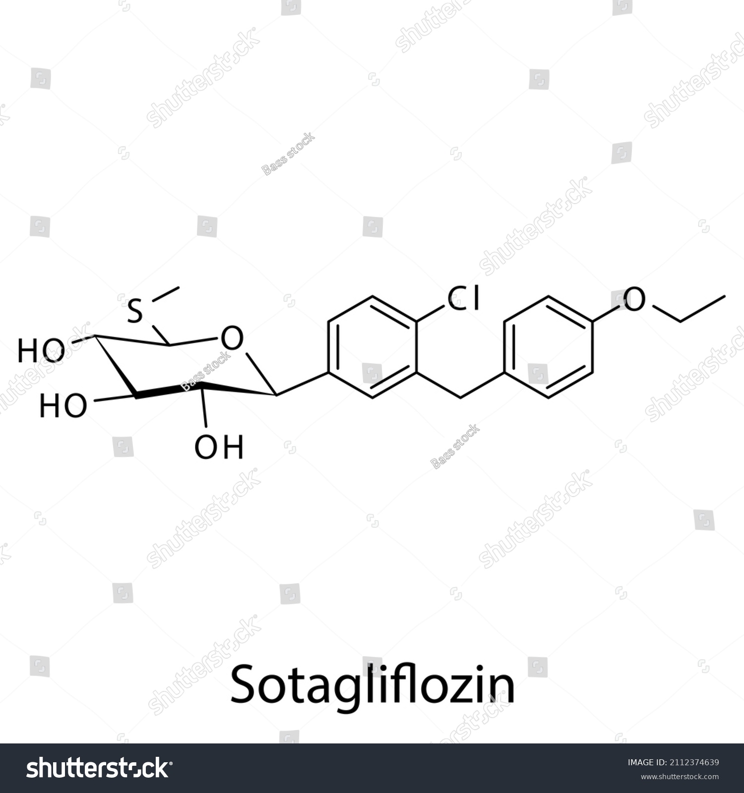 Sotagliflozin Molecular Structure Flat Skeletal Chemical Stock Vector