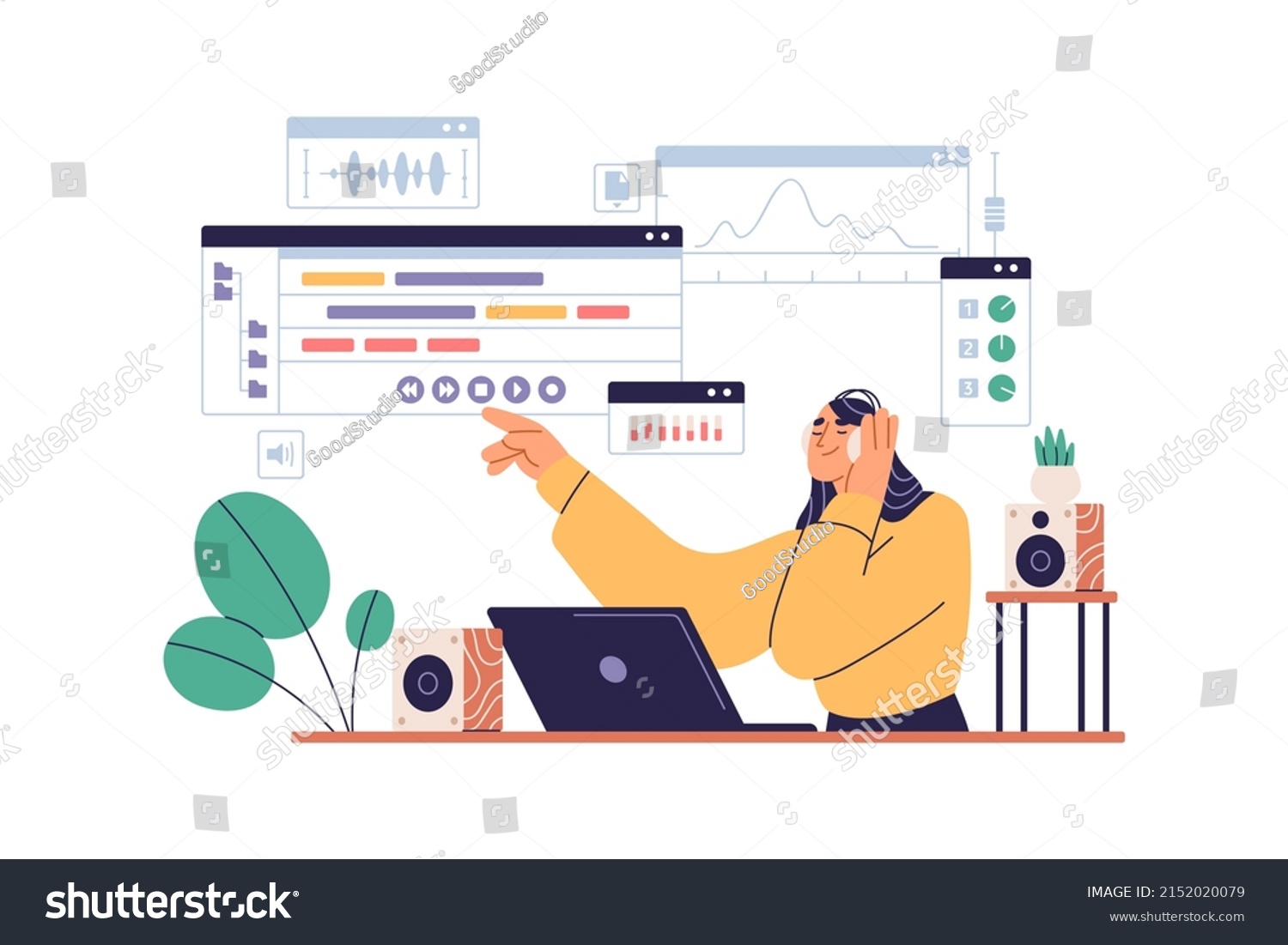 SVG of Sound designer in headphones at laptop computer with professional multimedia software. Woman listening music, working with audio at PC. Flat graphic vector illustration isolated on white background svg