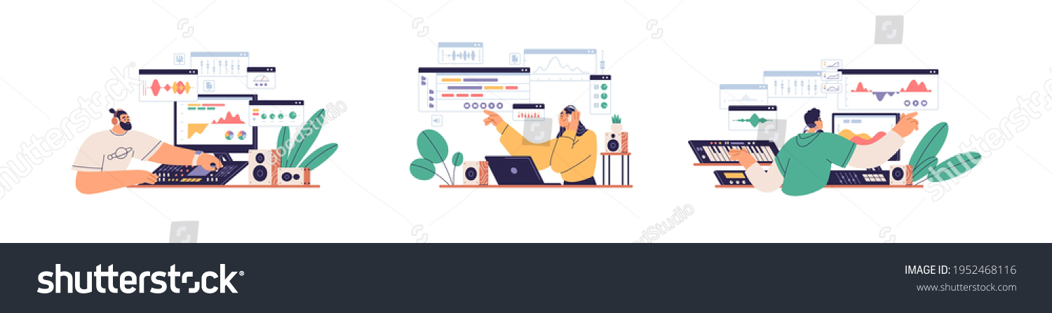 SVG of Sound designers and audio engineers mixing, creating and recording music at workplaces with computers, professional equipment and software. Colored flat graphic vector illustration isolated on white svg