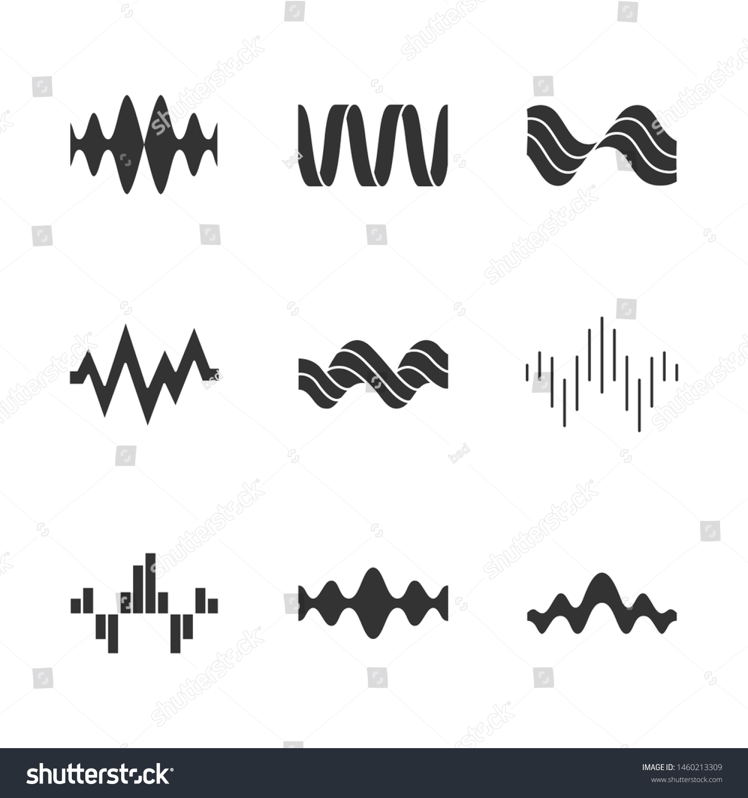 音波の記号アイコンセット シルエット記号 音楽のリズム 心臓の鼓動 オーディオ波 録音 ラジオ信号のロゴタイプ デジタル波形 抽象的なサウンドウェーブ ベクターイラスト のベクター画像素材 ロイヤリティフリー