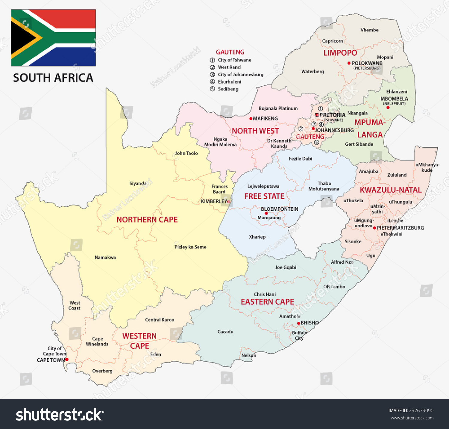 South Africa Administrative Map With Flag Stock Vector 292679090 ...