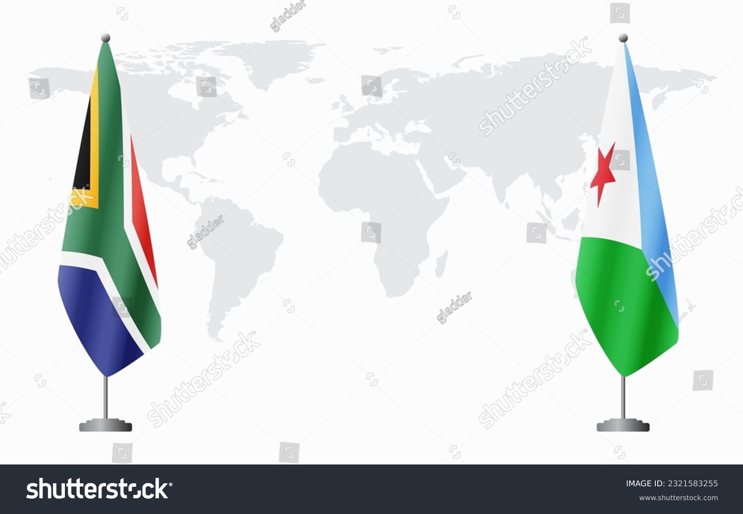 SVG of South Africa and Djibouti flags for official meeting against background of world map. svg