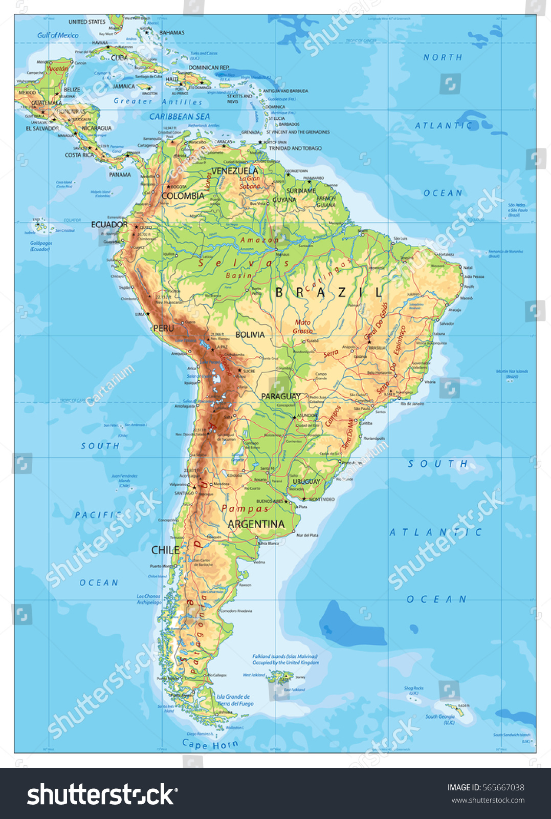 South America Detailed Physical Map Global Stock Vector (Royalty Free ...