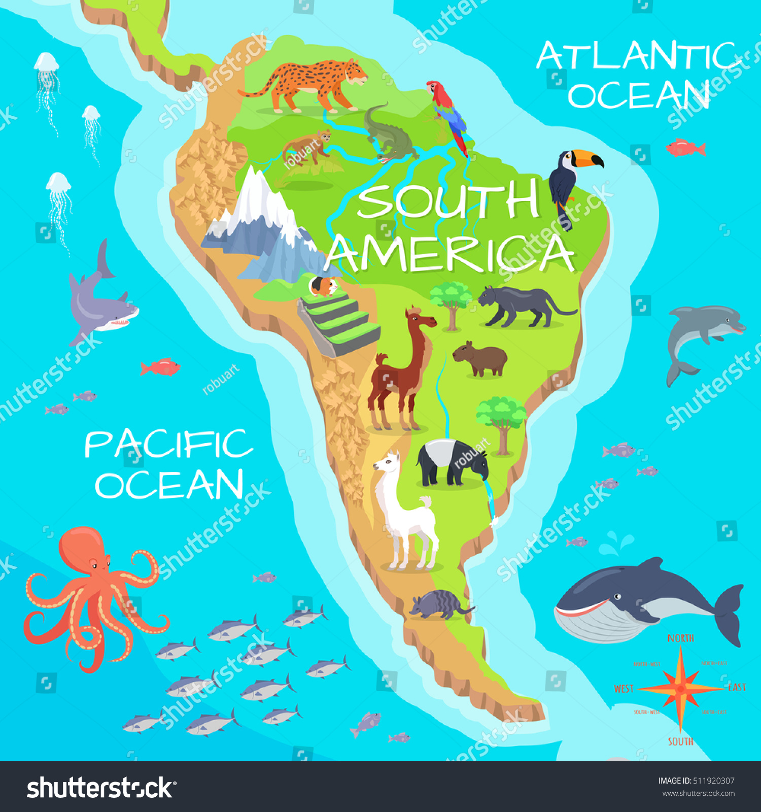 South America Mainland Cartoon Map Fauna Stock Vector Royalty