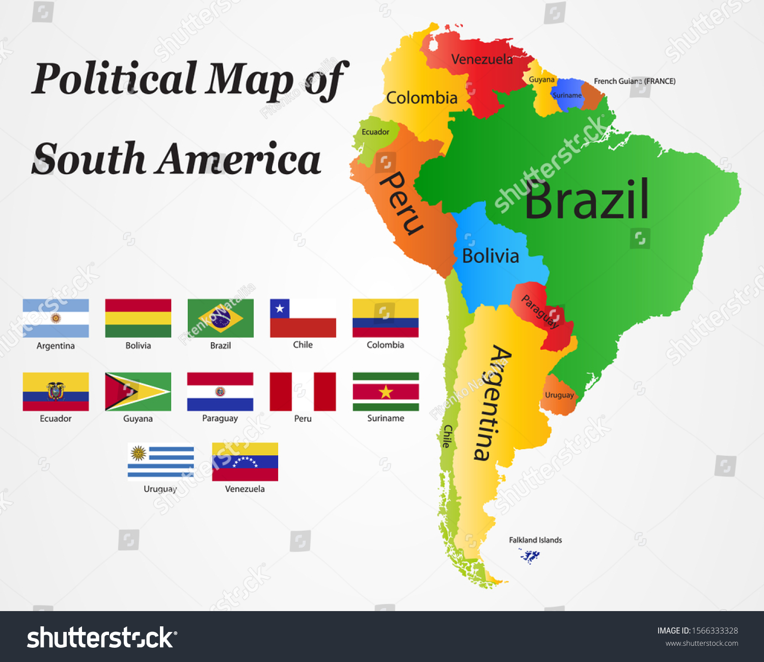 Map Of South America With Country Names South America Political Division Map Name Stock Vector (Royalty Free)  1566333328 | Shutterstock