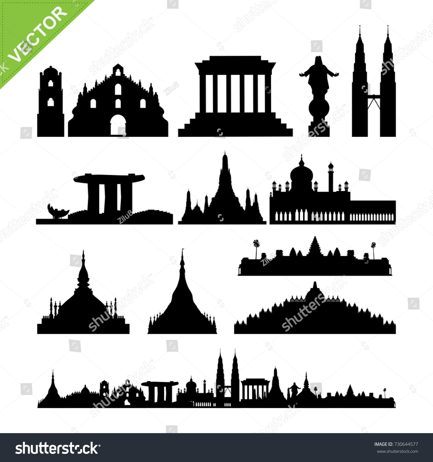 Southeast Asia Cities Landmark Skyline Silhouettes Stock Vector ...