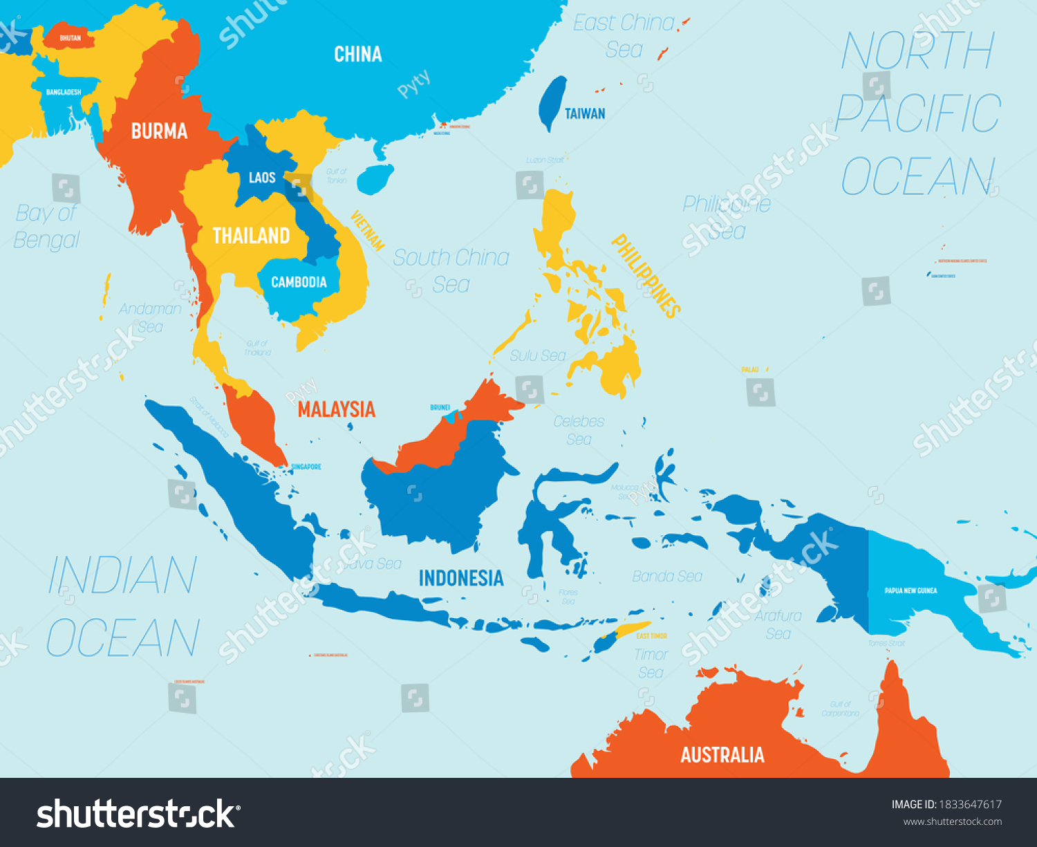 Southeast Asia Map 4 Bright Color Stock Vector (Royalty Free) 1833647617