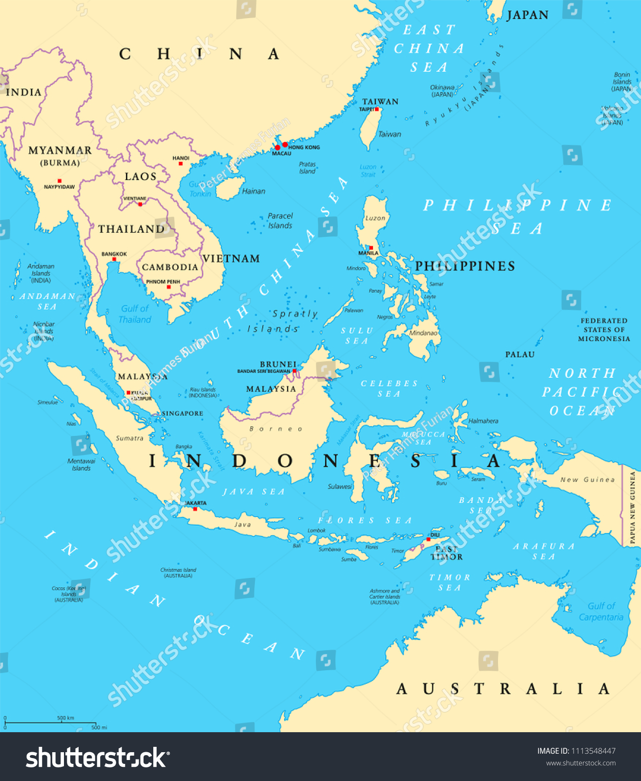 Southeast Asia Political Map Capitals Borders Stock Vector