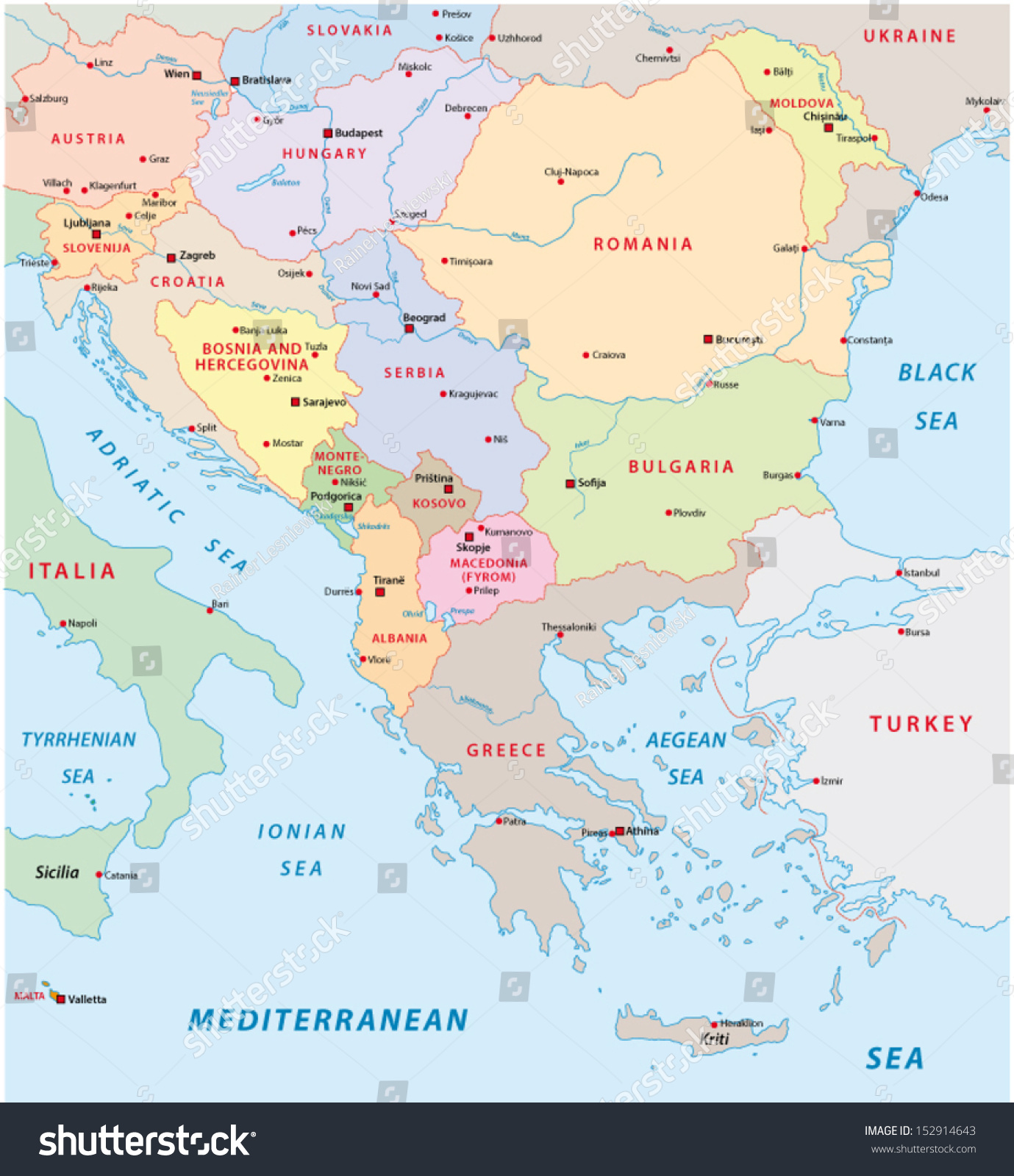 Southeast Europe Map Stock Vector Illustration 152914643 : Shutterstock