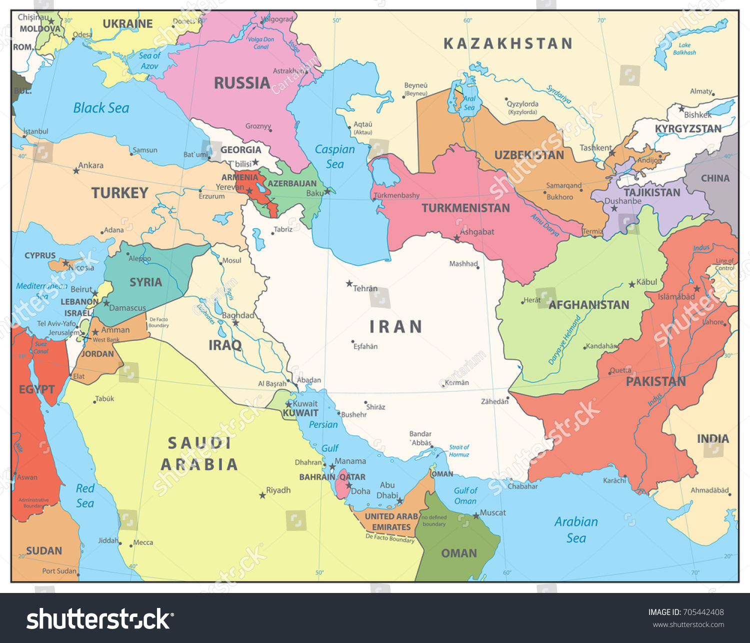 Southwest Asia On World Map Southwest Asia Map Detailed Vector Map Stock Vector (Royalty Free)  705442408 | Shutterstock