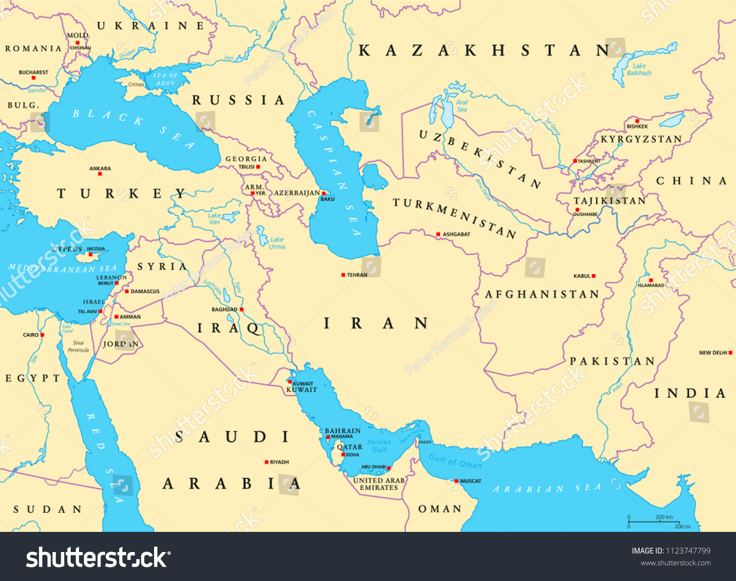Southwest Asia Political Map Capitals Borders Stock Vector