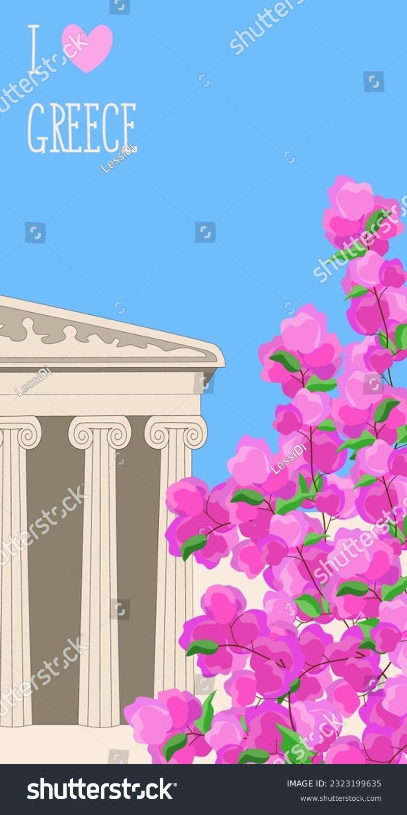 SVG of Souvenir postcard with ancient Greek temple and bougainvillea on blue sky background. Traditional vector illustration for card, poster, print. svg