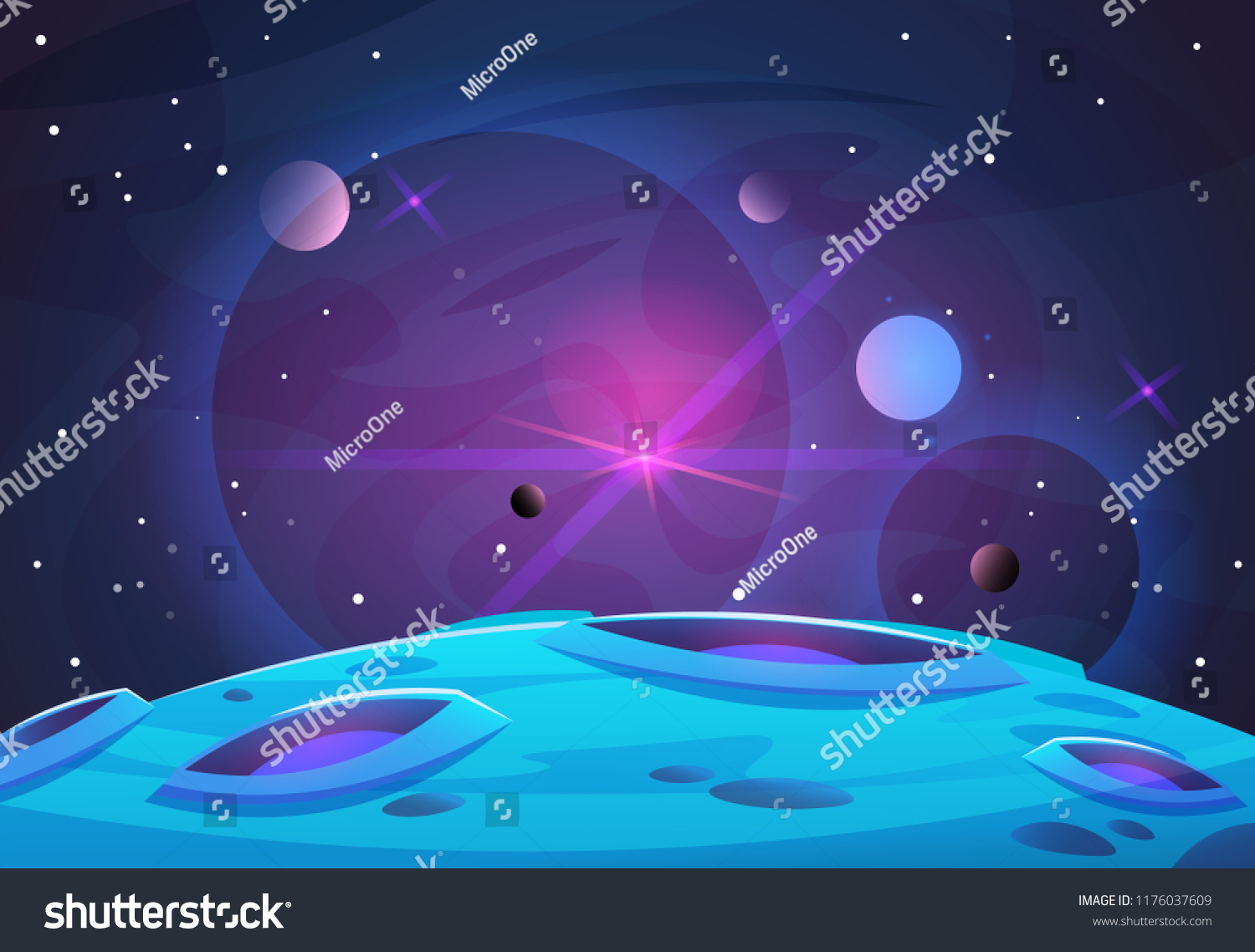 空間と惑星の背景 惑星は暗い空間にクレーターや星や彗星で浮かび上がる ベクターイラスト 宇宙空と惑星と衛星 のベクター画像素材 ロイヤリティフリー
