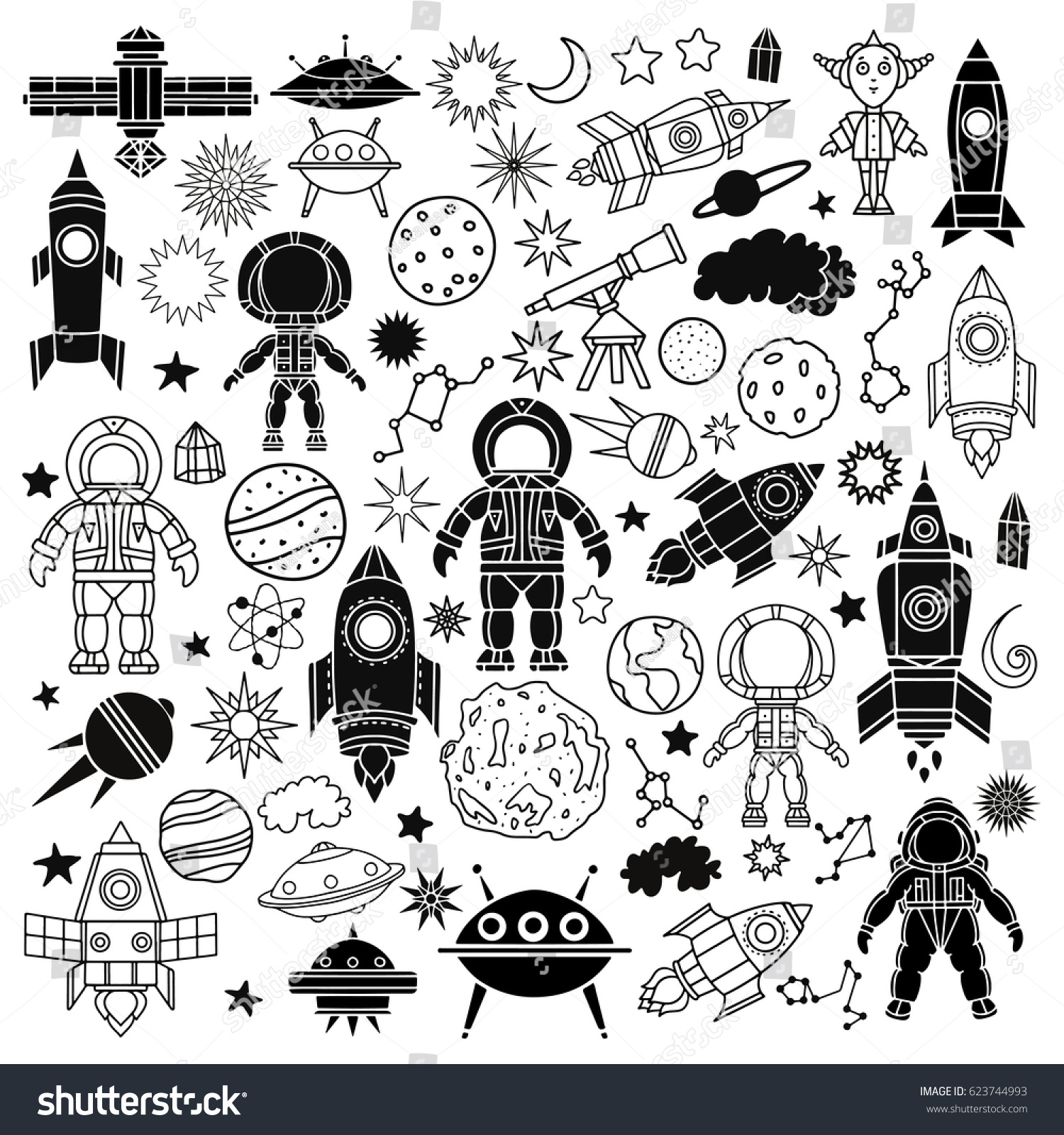 Space Set Space Ship Rocket Stars Stock Vector (Royalty Free) 623744993 ...