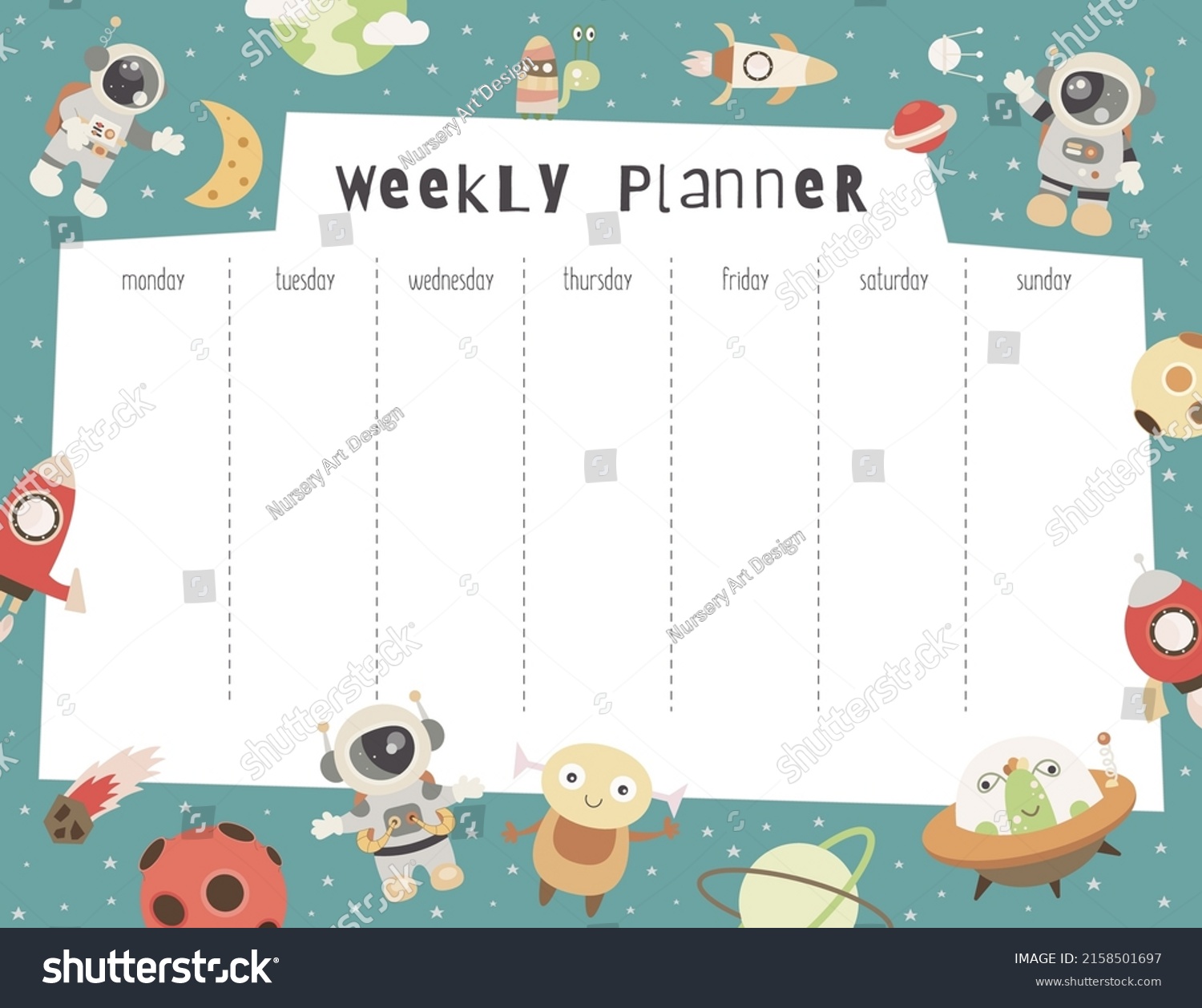 Space Weekly Planner Astronauts Cute Aliens Stock Vector (Royalty Free ...