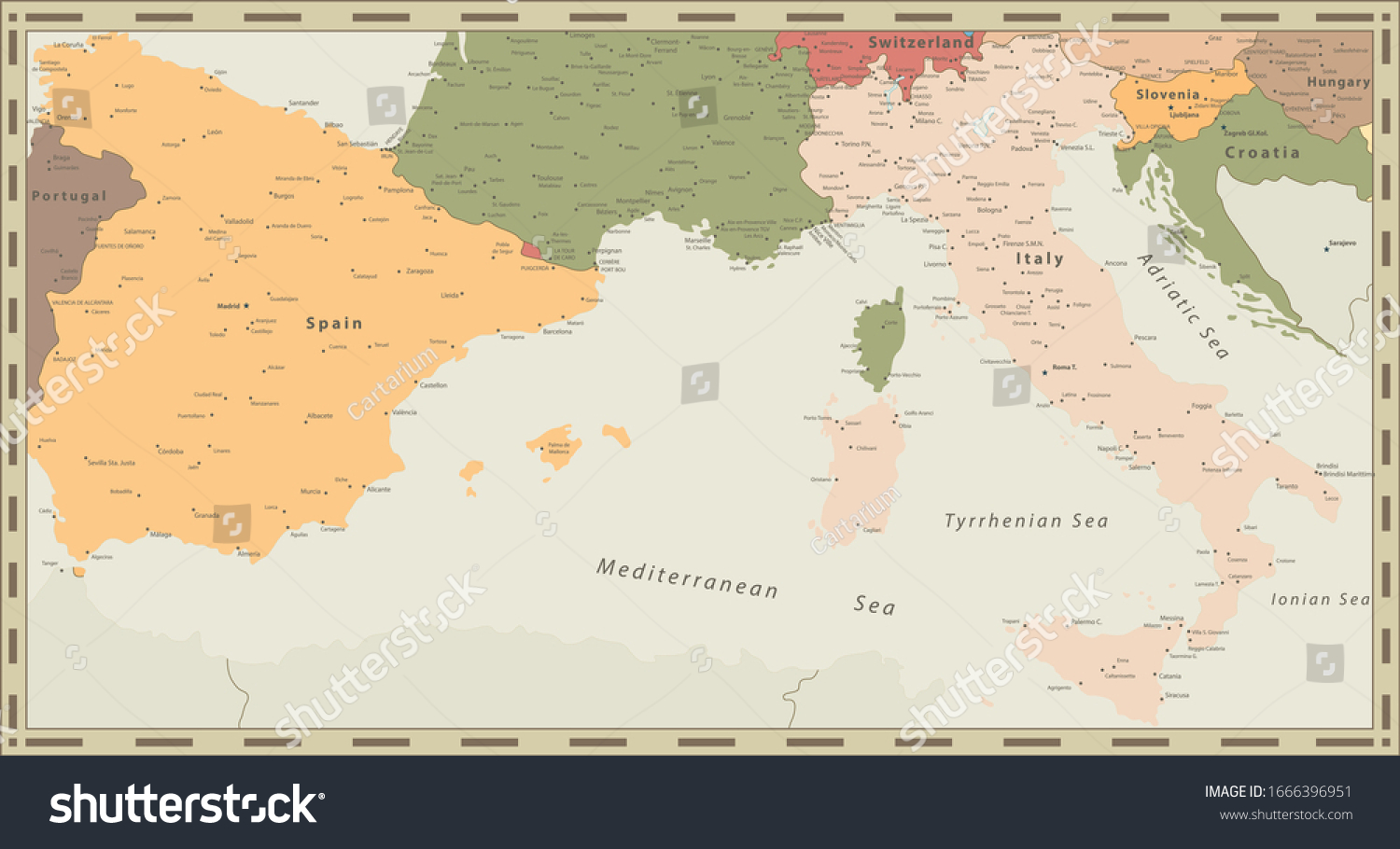 Map Of Spain And Italy Spain Italy Map Retro Colors Vector Stock Vector (Royalty Free) 1666396951