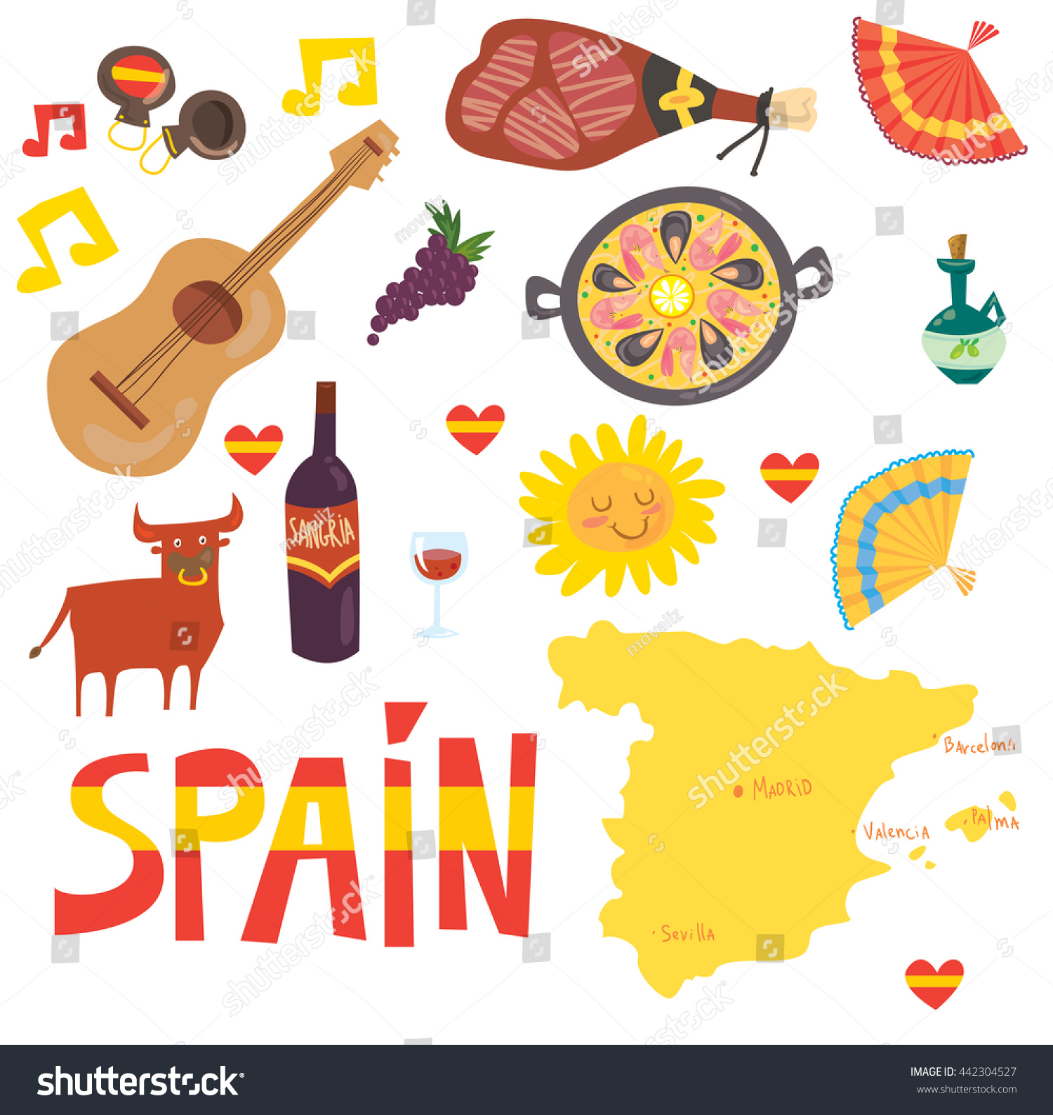 Spain Spanish Touristic Symbols Food Drinks Stock Vector 442304527 ...