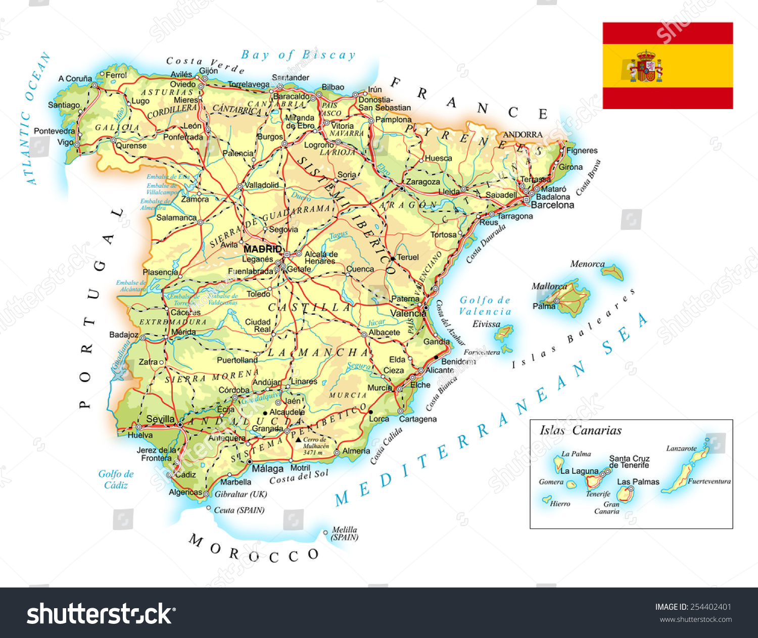 Elevation Map Of Spain Spain Detailed Topographic Map Illustration Stock Vector (Royalty Free)  254402401 | Shutterstock